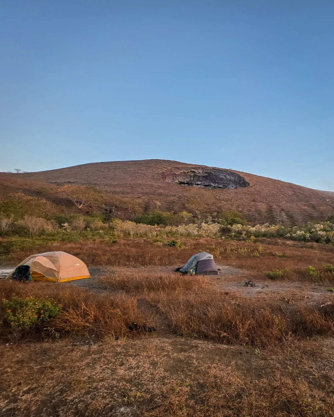 Camping tents set up on a grassy field with a hill and a large rock formation in the background under a clear blue sky.