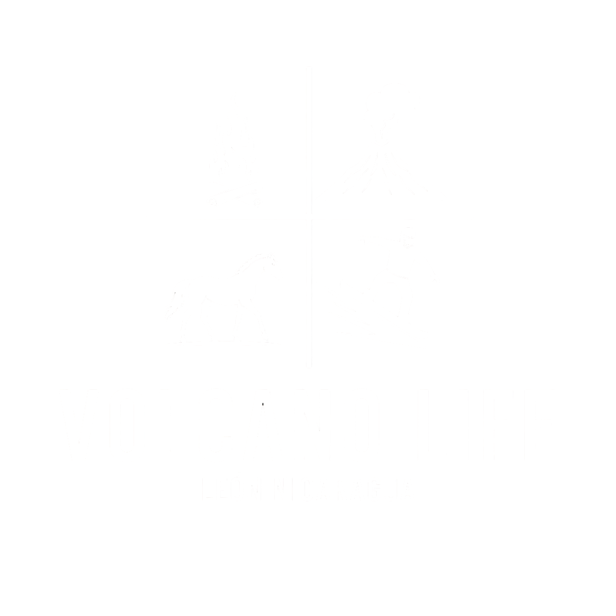 Black background with white symbols and text. Top left: campfire with logs; top right: erupting volcano; bottom left: horse; bottom right: snowboarder. Below symbols: 'VOLCANO LIFE' and 'LEÓN NICARAGUA'.