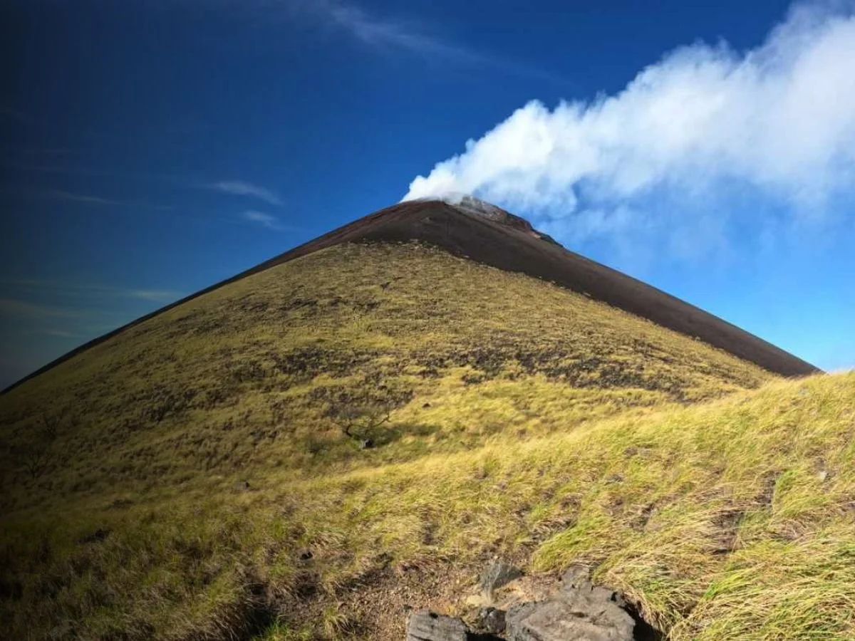 A volcano with a conical shape erupting, emitting white smoke against a blue sky.