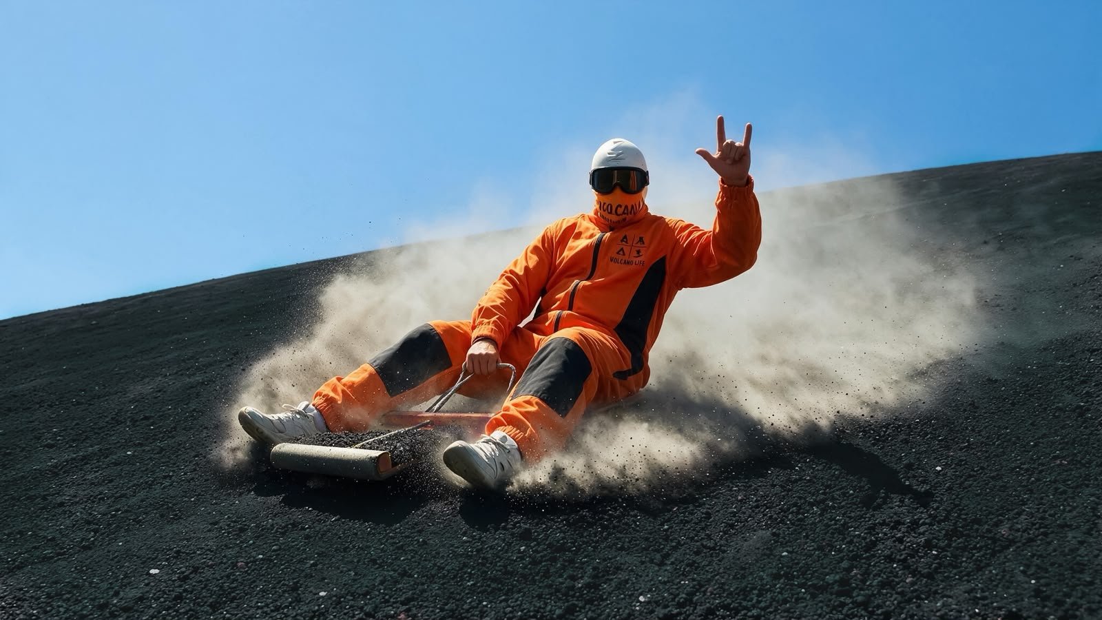 Person in orange protective gear sliding down a dark volcanic slope, making dust and sparks, wearing a helmet and goggles, holding onto a volcano board.