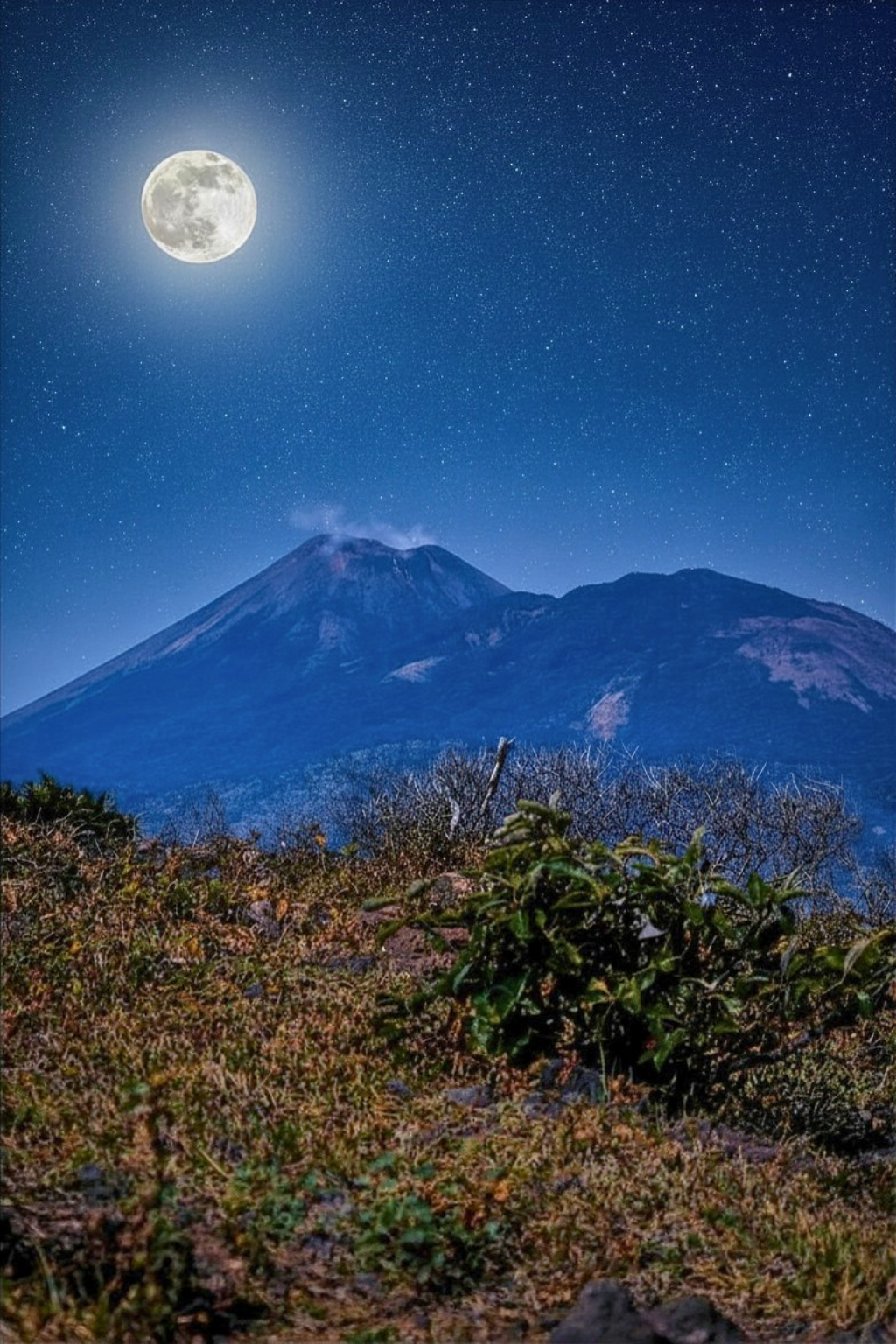 Night scene with a full moon, starry sky,  at Telica volcano and foreground of bushes and rocks.