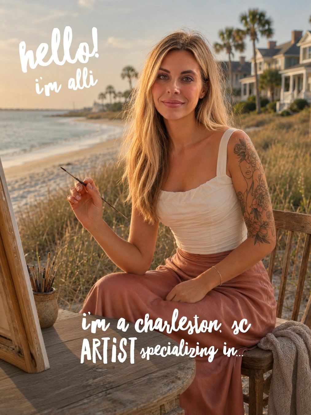 A woman sitting outdoors near the beach, holding a paintbrush, with a sketchpad on an easel in front of her. She has long blonde hair, tattoos on her right arm, and is wearing a white top and pink skirt. Text overlays say, "hello! I'm Alli" and "I'm a Charleston, SC artist specializing in..."