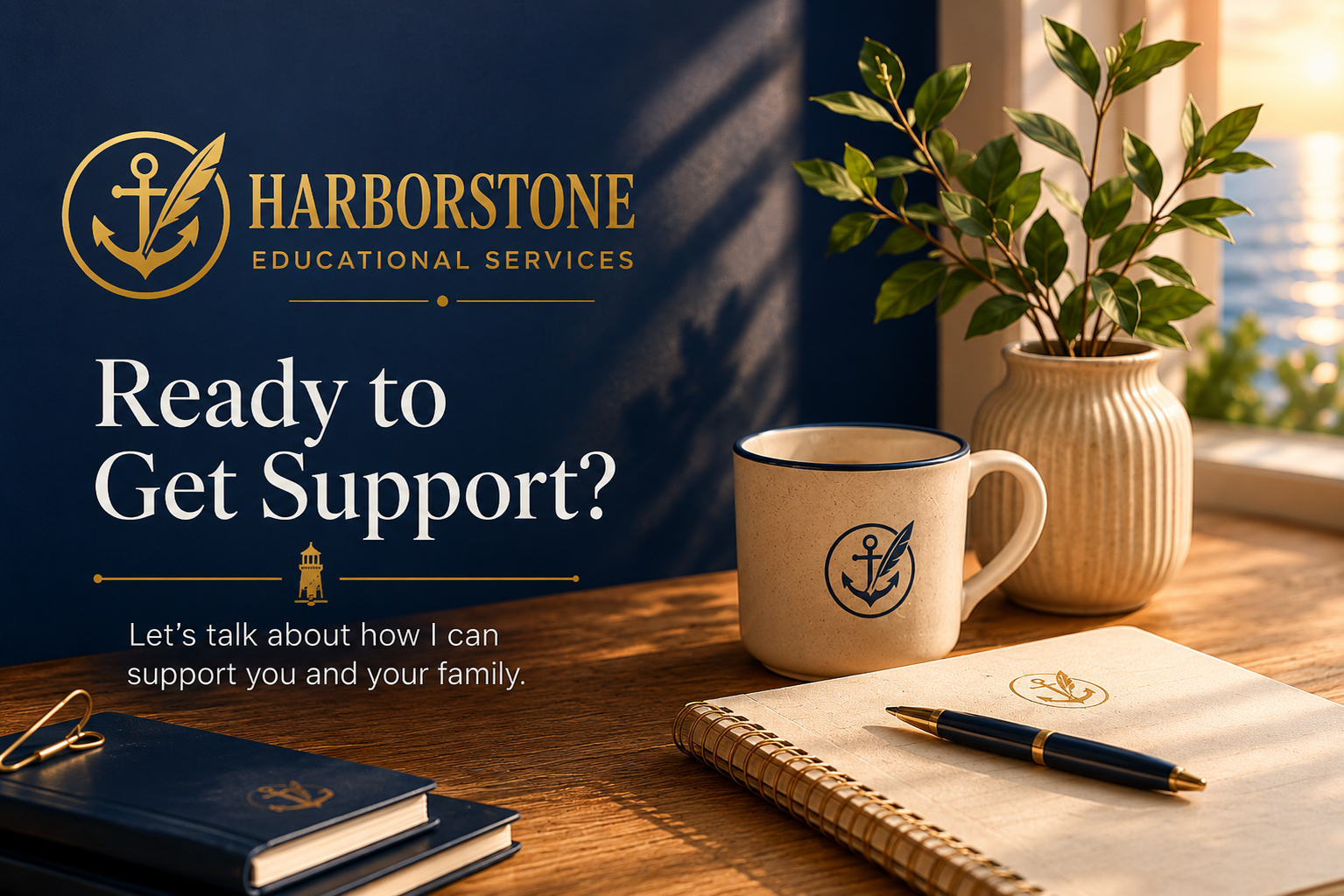 A promotional image for Harborstone Educational Services showing a dark blue background with a logo of an anchor and feather, with gold and white text that reads 'Ready to Get Support? Let's talk about how I can support you and your family.' The scene includes a beige coffee mug with the logo, a small potted plant, a spiral notebook, a pen, and a blue journal with the logo, all placed on a wooden table near a window with sunlight.