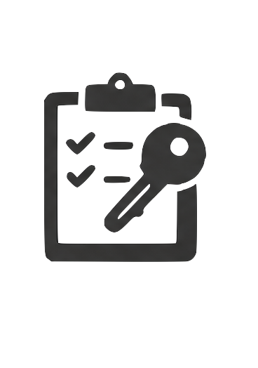 Icon of a clipboard with checkmarks and a key.
