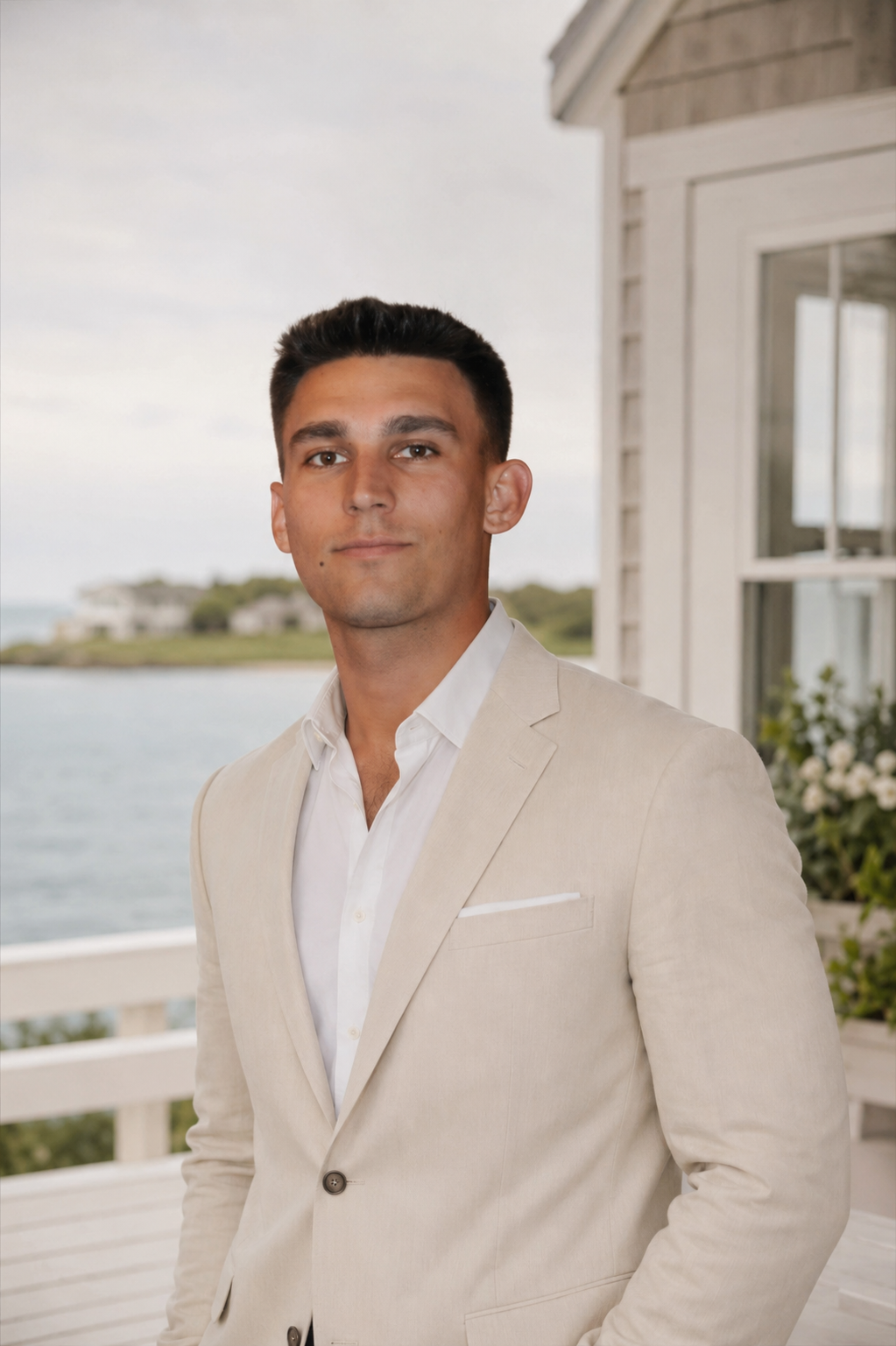 A young man in a light beige suit with a white shirt standing outdoors near water with a house and greenery in the background.
