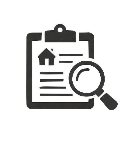 Icon of a clipboard with a house, lines of text, and a magnifying glass.