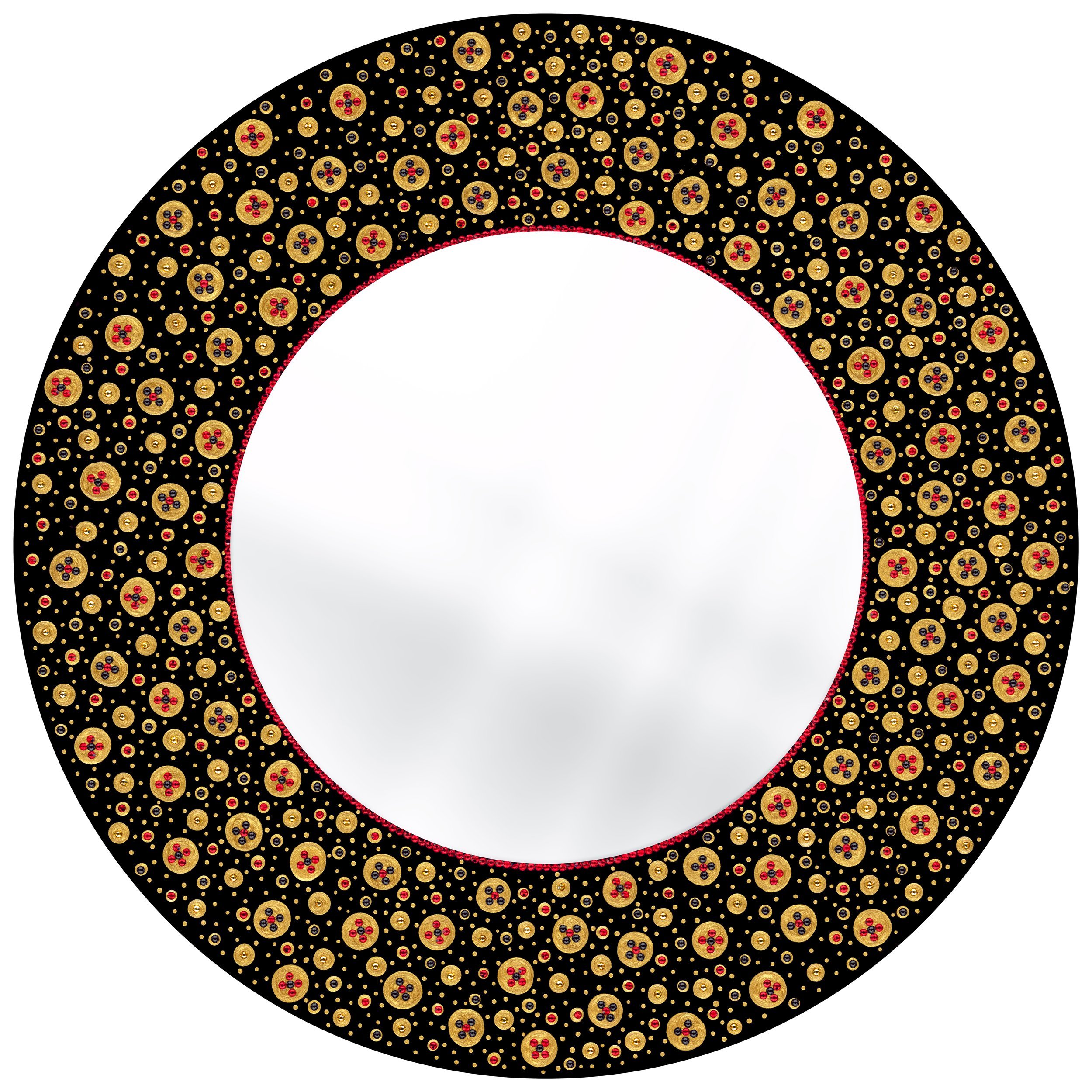 Black & Gold Dot Art Mirror, gold dotwork mandala around a central mirror on a round wood disc.