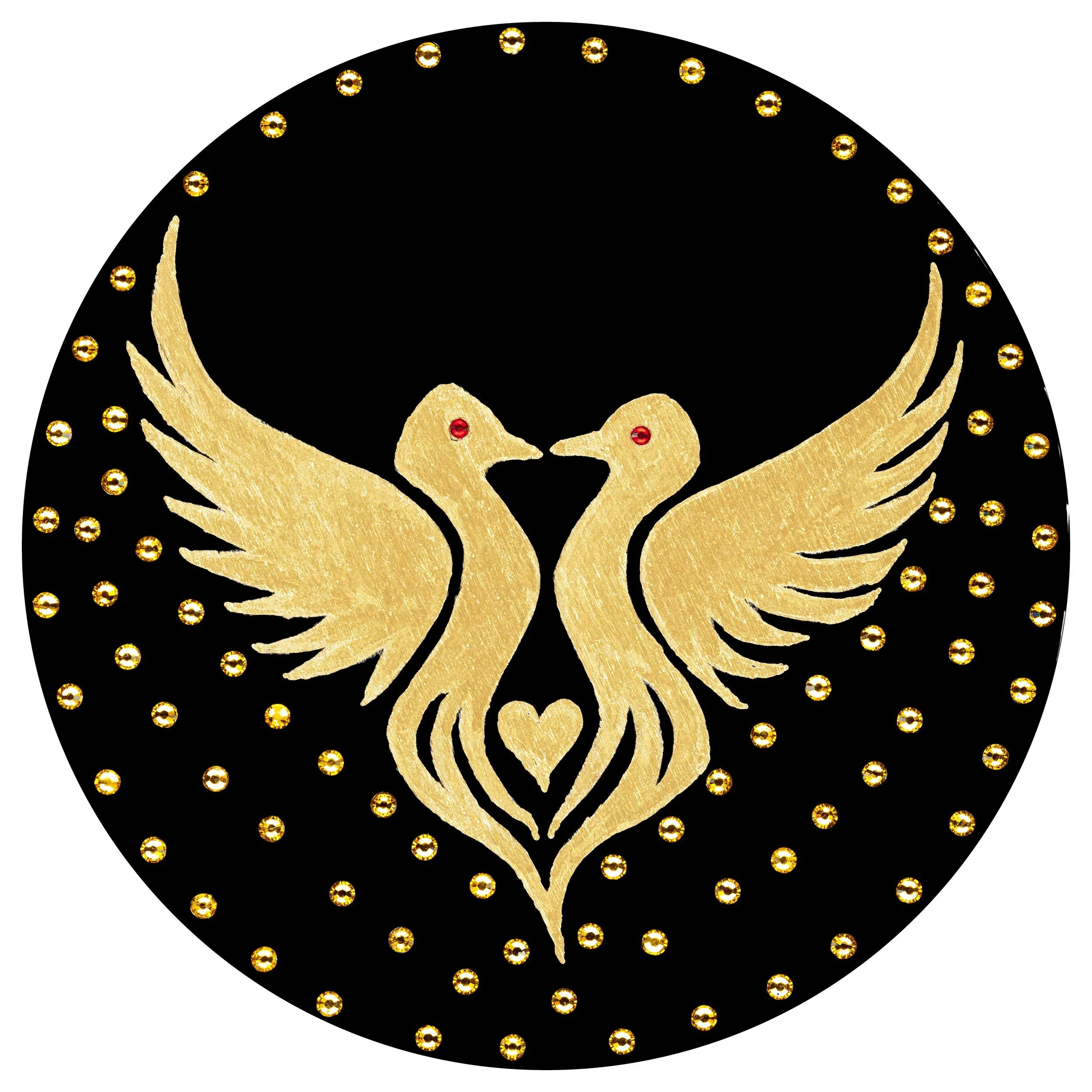 Golden Dove, gold dove on a black wood disc with gemstones, mixed-media original, 6 by 6 inches.