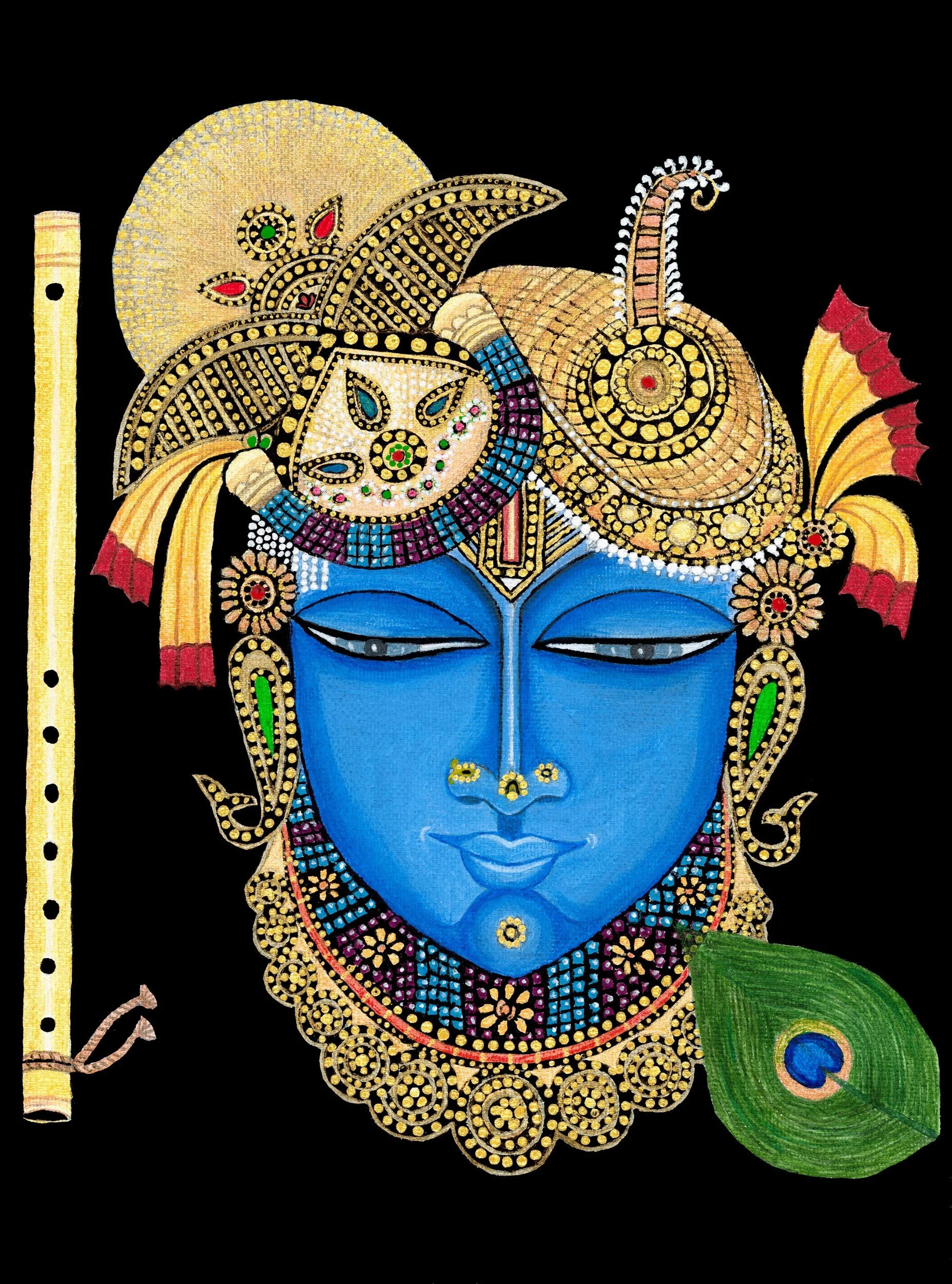 Lord Krishna with peacock-feather crown and ornate gold jewellery — devotional painting on black.