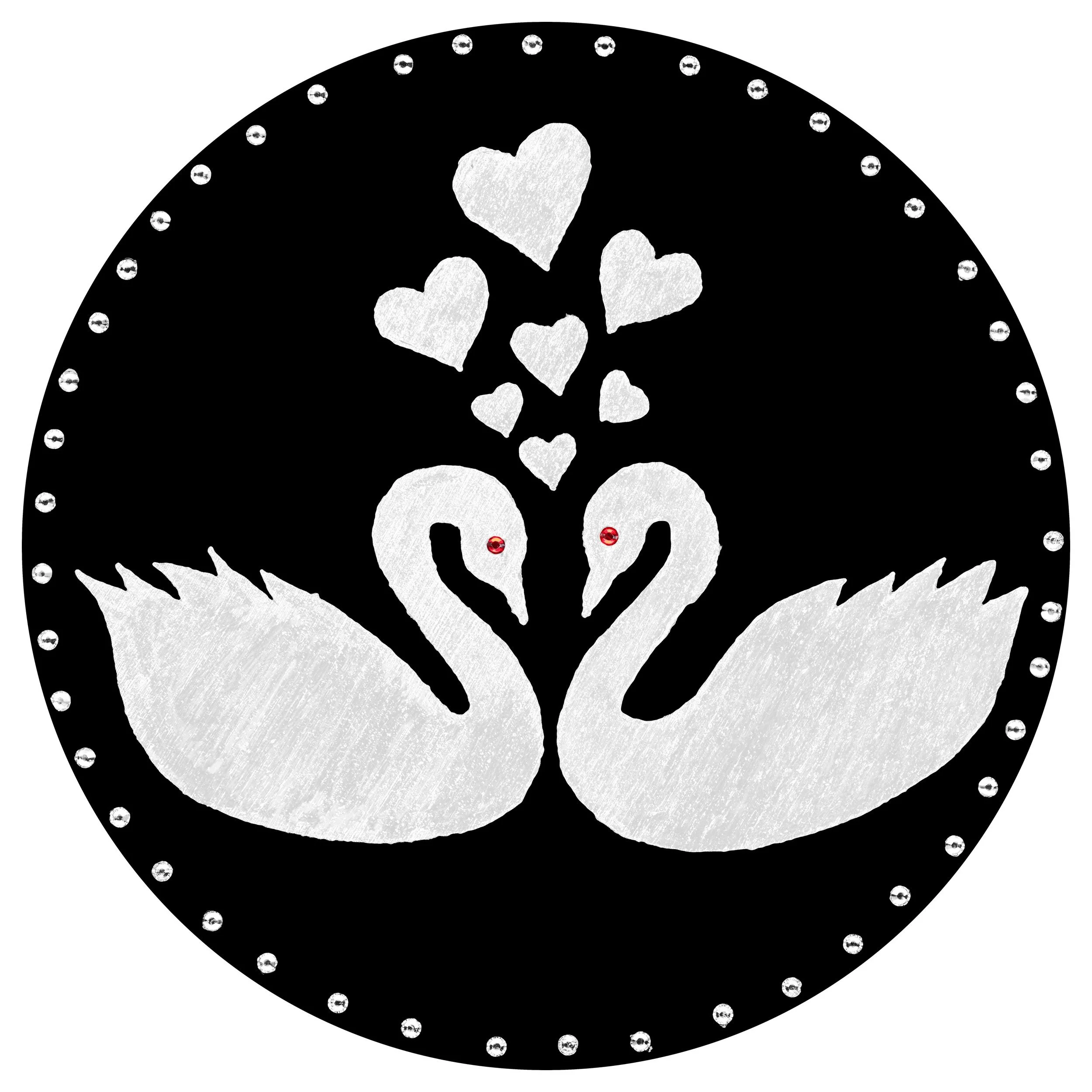Silver Swan, silver swans forming a heart on a black wood disc with gemstones, mixed-media original, 6 by 6 inches.