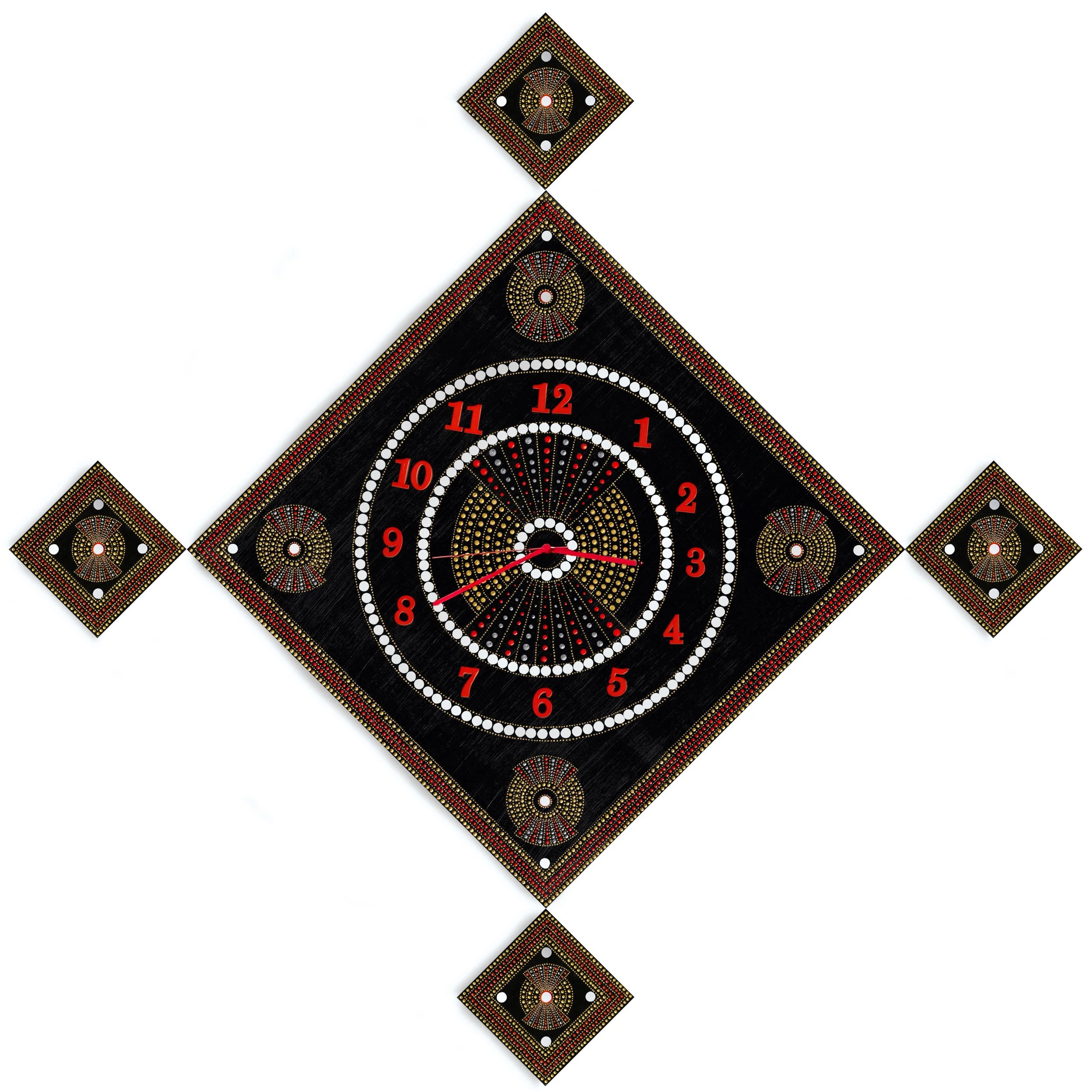 Mirrored Masterpiece, gold and black circular-and-square functional wall clock with mirrors, original acrylic on wood.