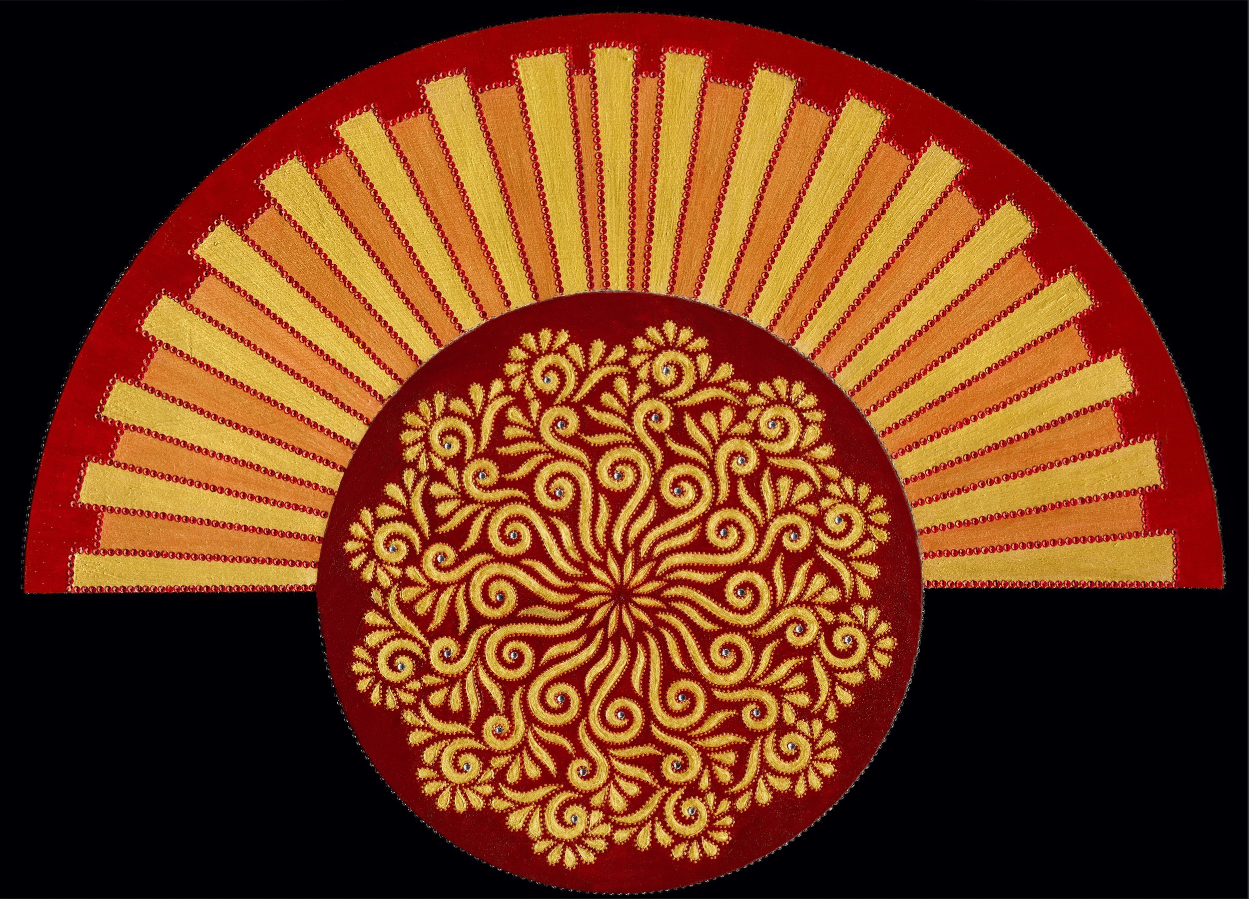 Radiant red-and-gold dotwork mandala with sunburst rays on a black ground — original acrylic painting.