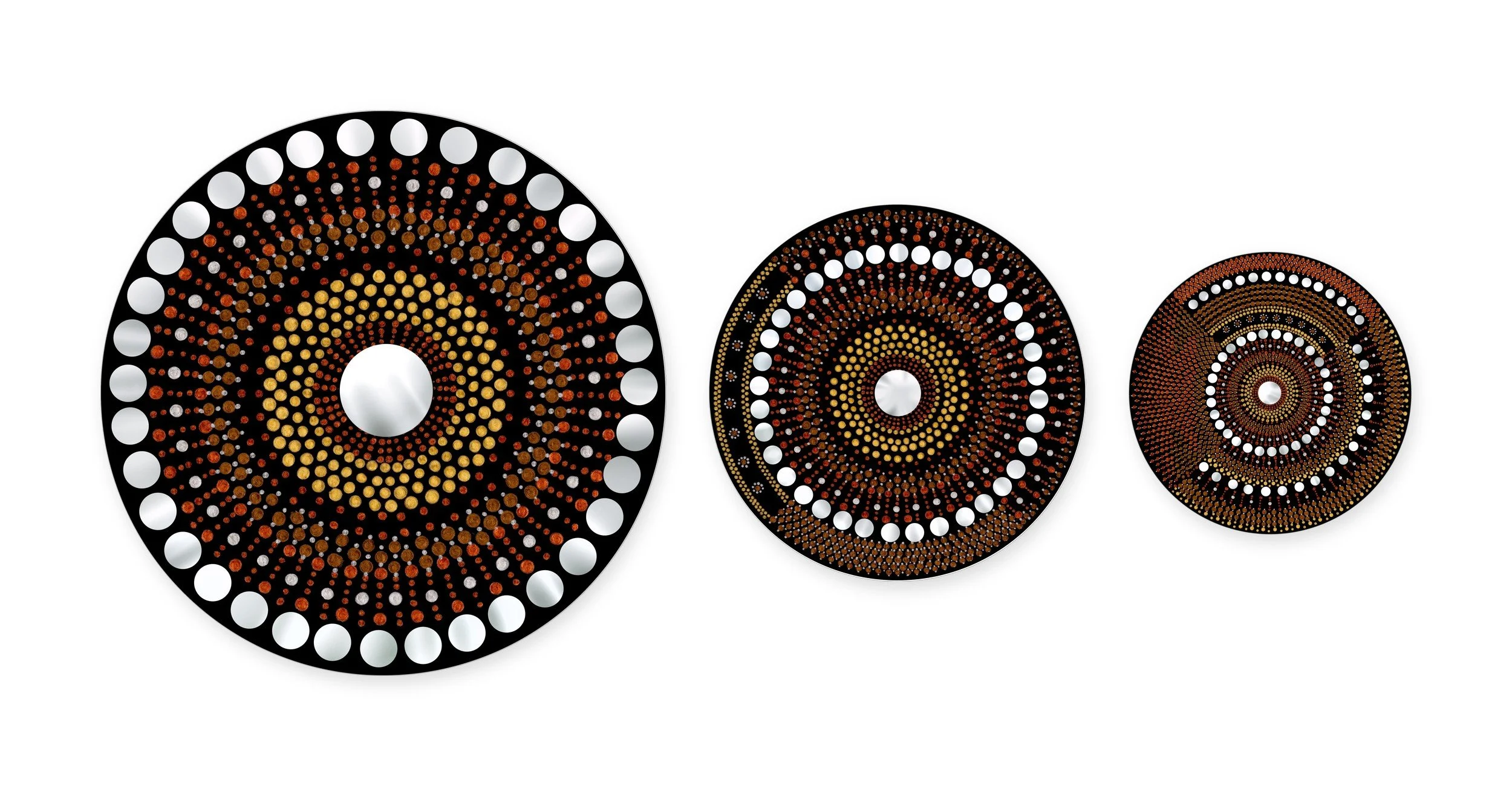 Mandala Dot Art, Past, Present & Future panels in brown and black with mirrors, original acrylic on round wood discs, set of three.