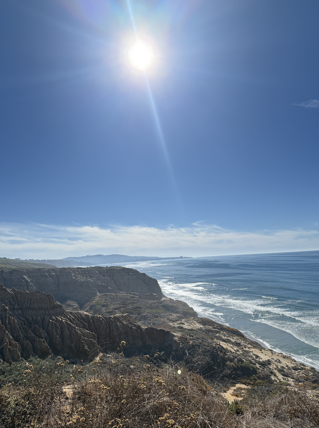 Sunny day at a coastal cliff with rugged rocks, ocean waves, and a clear blue sky.