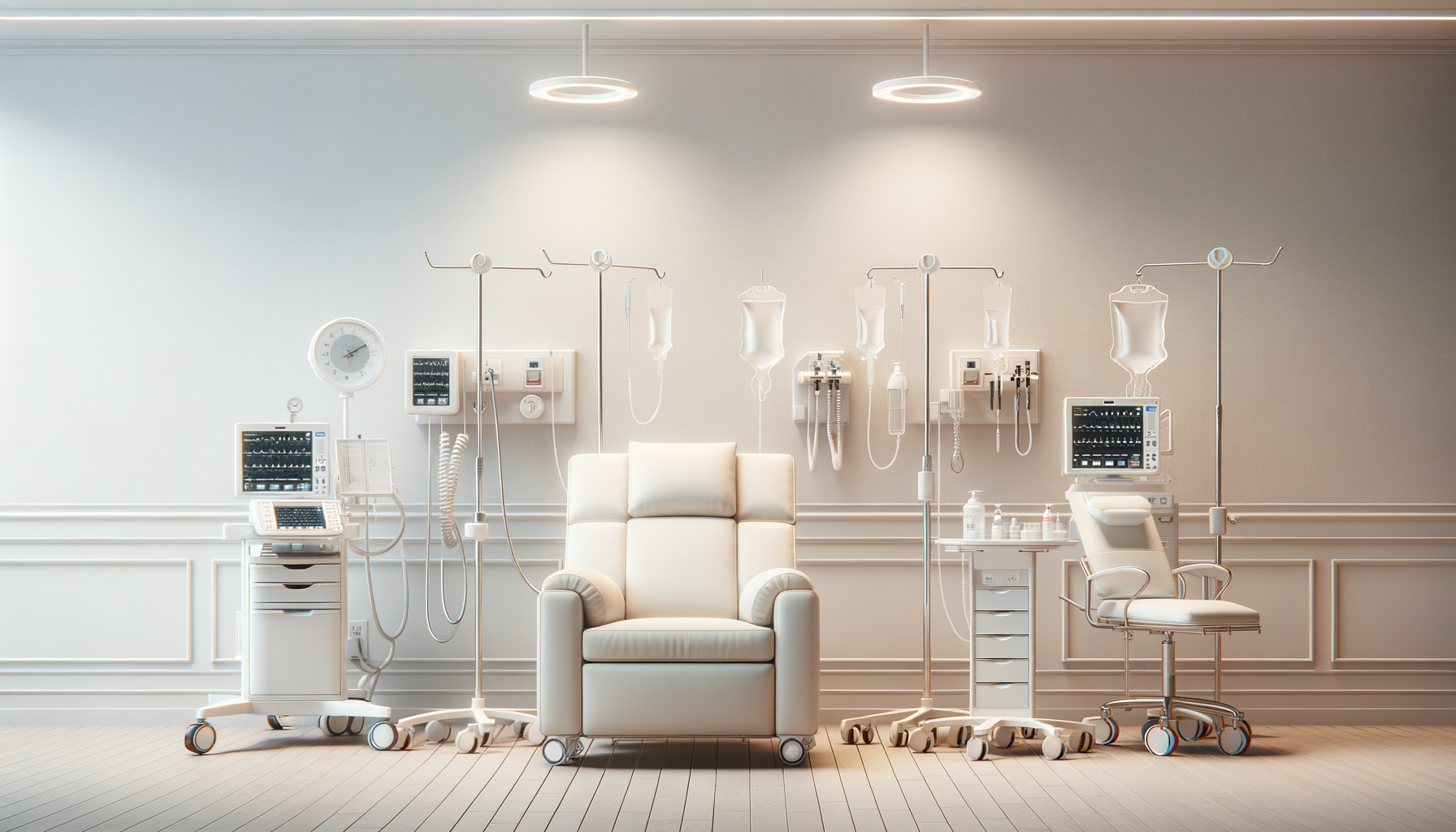 Medical hospital room with two infusion stands and a hospital bed in the center, surrounded by medical equipment and monitors.