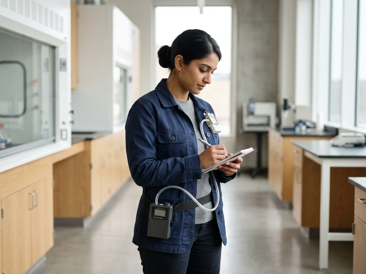 Industrial hygiene professional reviewing environmental monitoring data in a laboratory setting
