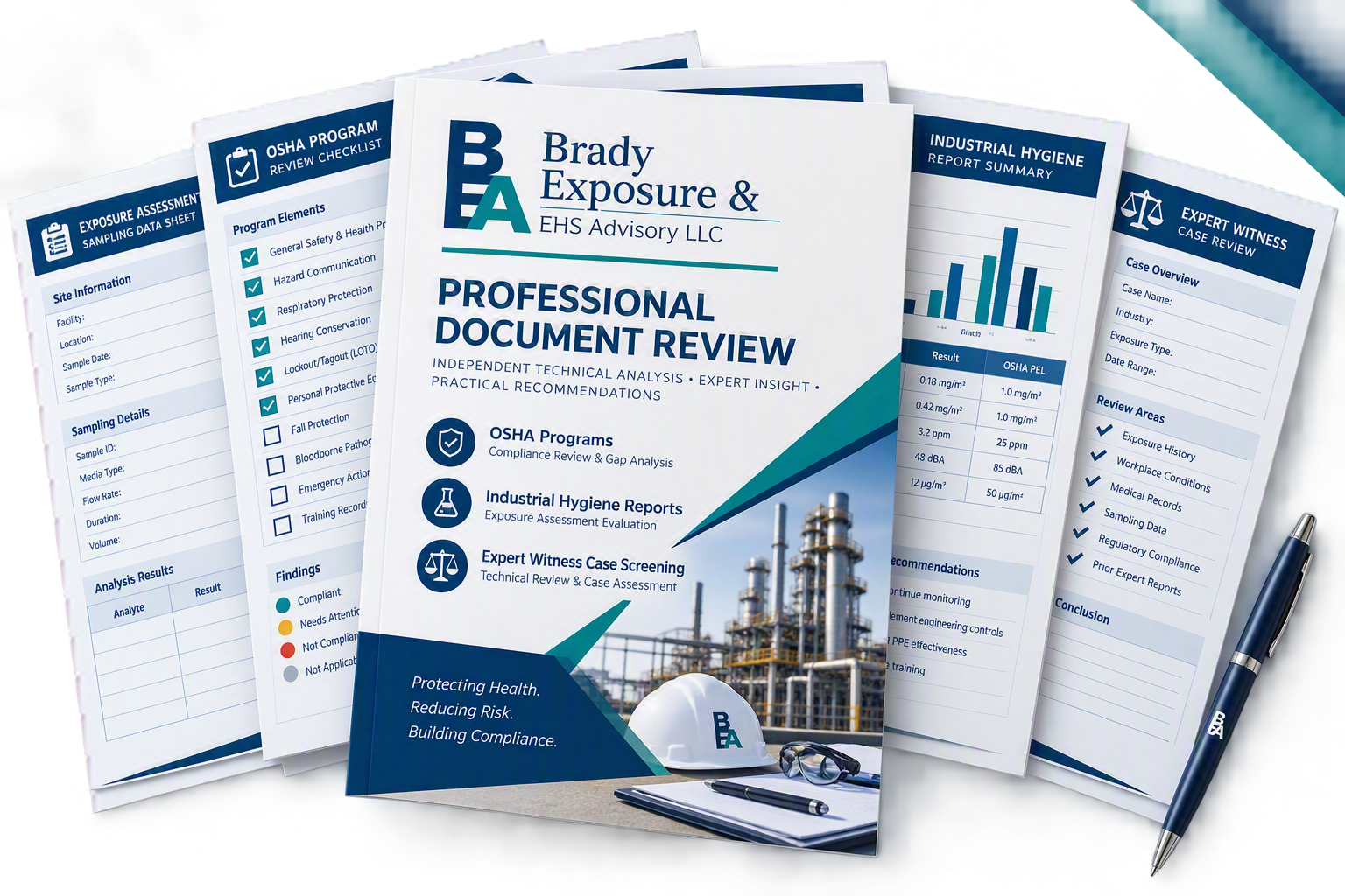 Brady Exposure & EHS Advisory professional document review package featuring OSHA compliance, industrial hygiene, and exposure assessment review reports