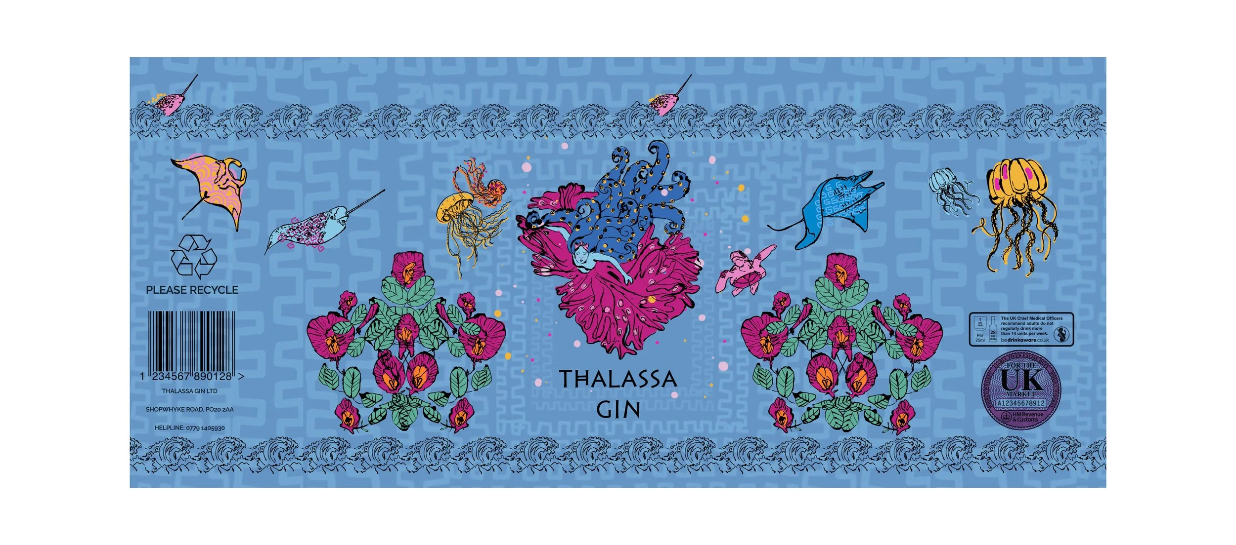 Gin bottle packaging Design, Thalassa Greek goddess.