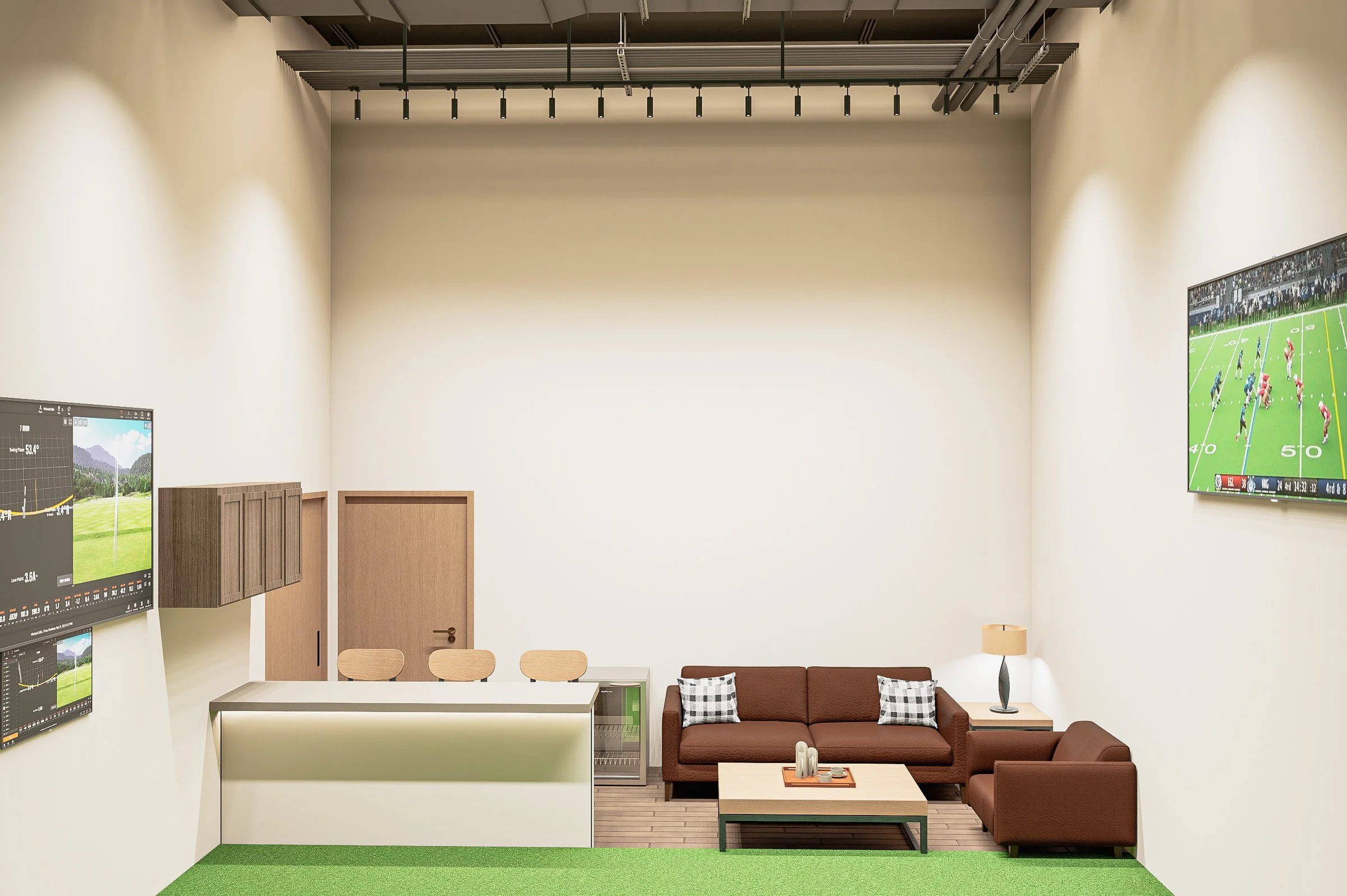 Interior of a modern room with beige walls, a seating area with brown couches and a coffee table, wall-mounted screens showing weather and sports, a wooden cabinet, and a green carpeted floor.