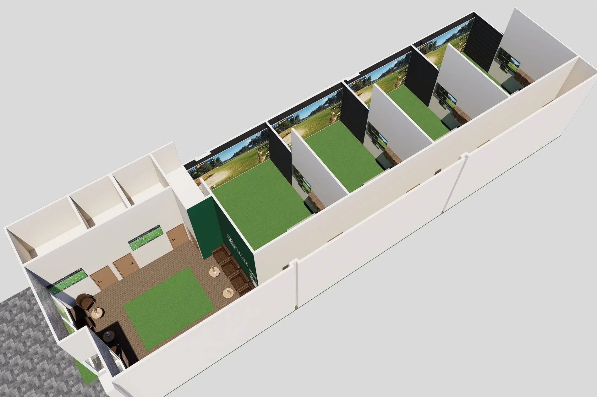 3D floor plan of an indoor golf simulation facility with multiple golf simulators, a lounge area, and a separate rooms for additional activities.
