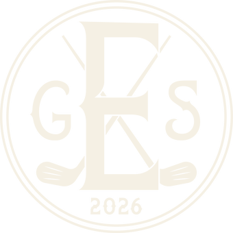 Circular 2026 emblem featuring a large stylized letter E, crossed golf clubs, and the initials GS for Elite Golf Studios