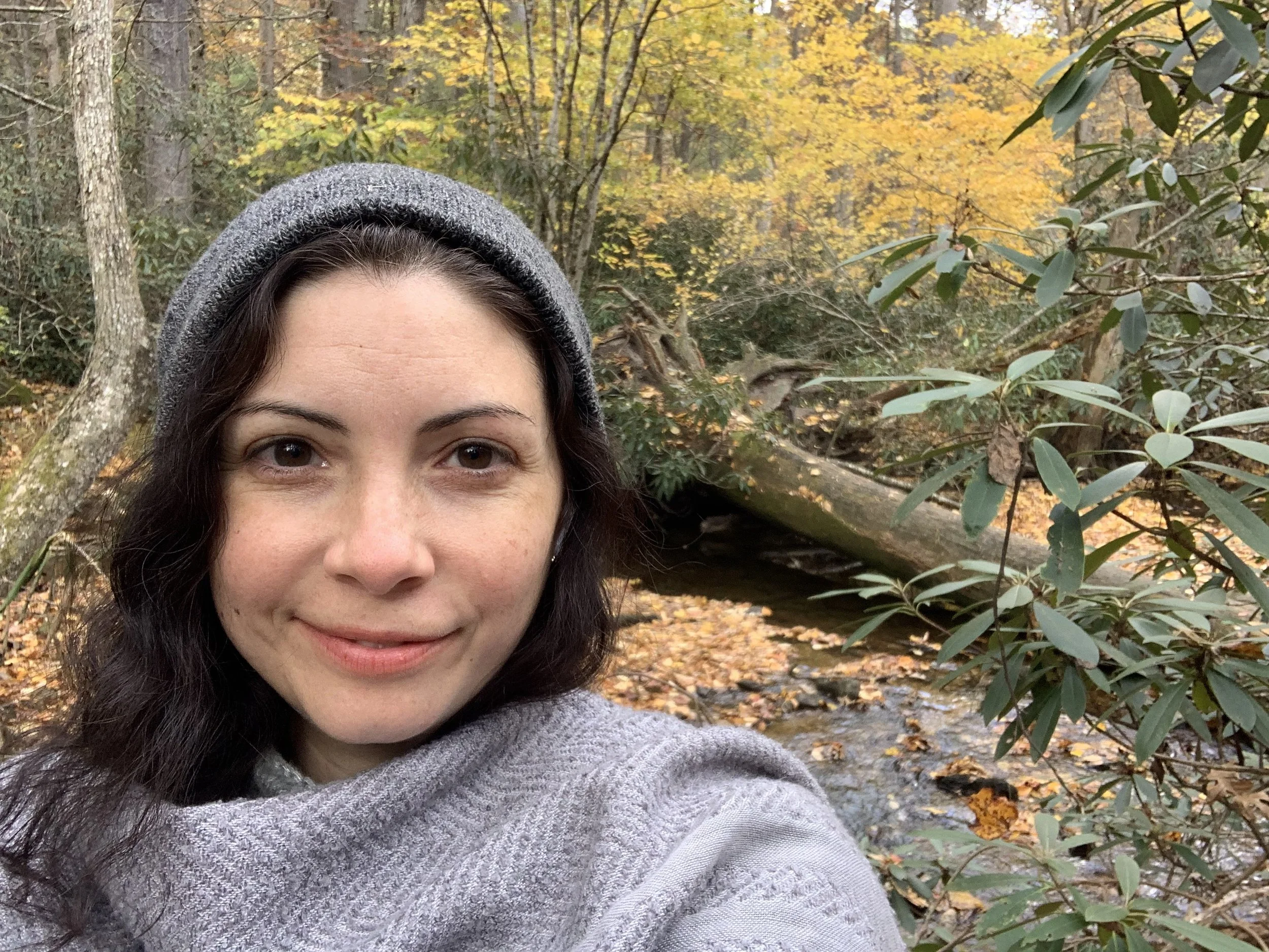 A woman with dark hair, wearing a gray beanie and a gray sweater, is taking a selfie outdoors in a forest with autumn foliage, a stream, and fallen leaves in the background.