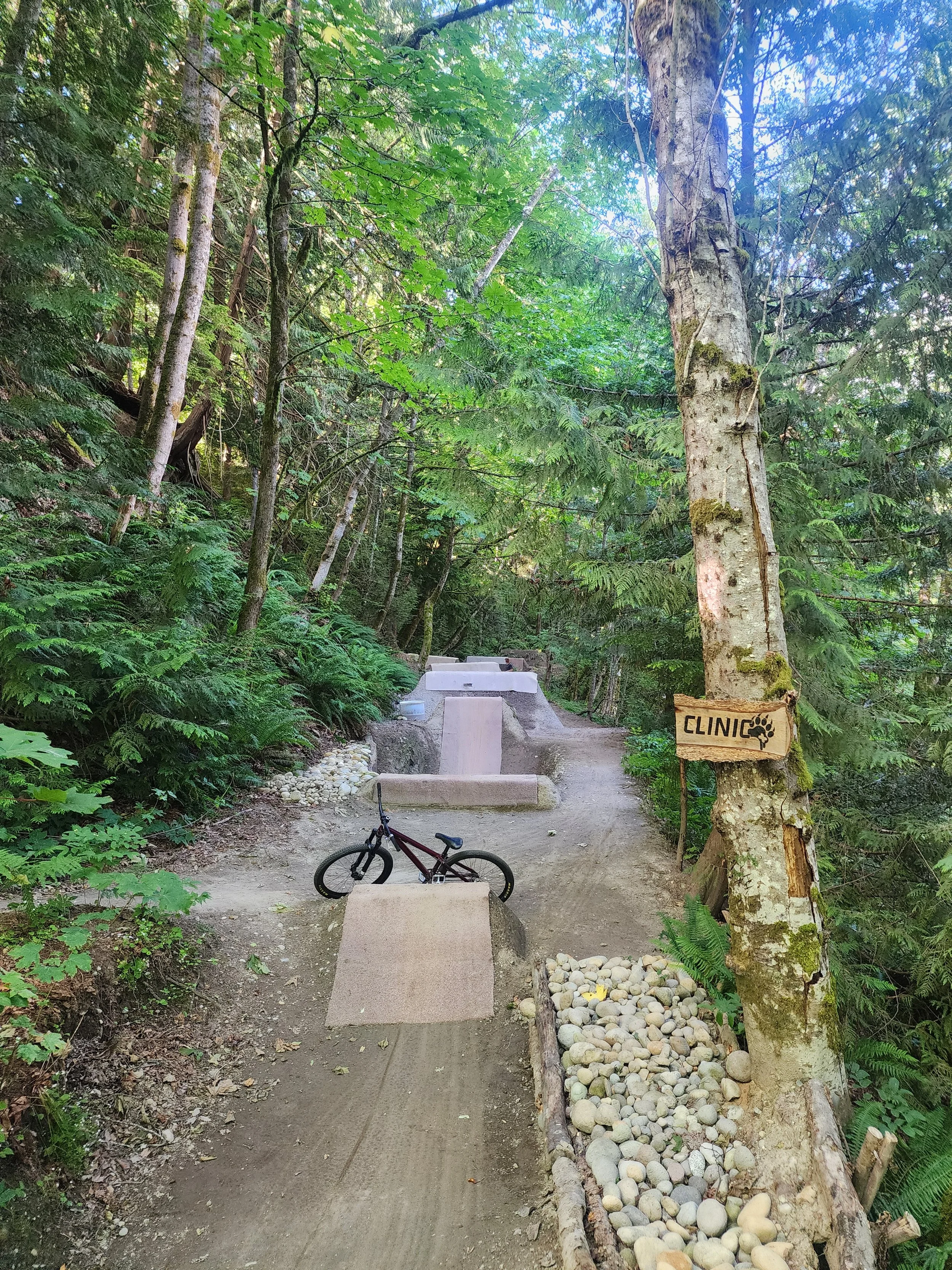 A forest trail with a mountain bike leaning against a concrete barrier, surrounded by dense green trees and a wooden sign reading 'Clinic' attached to a tree.