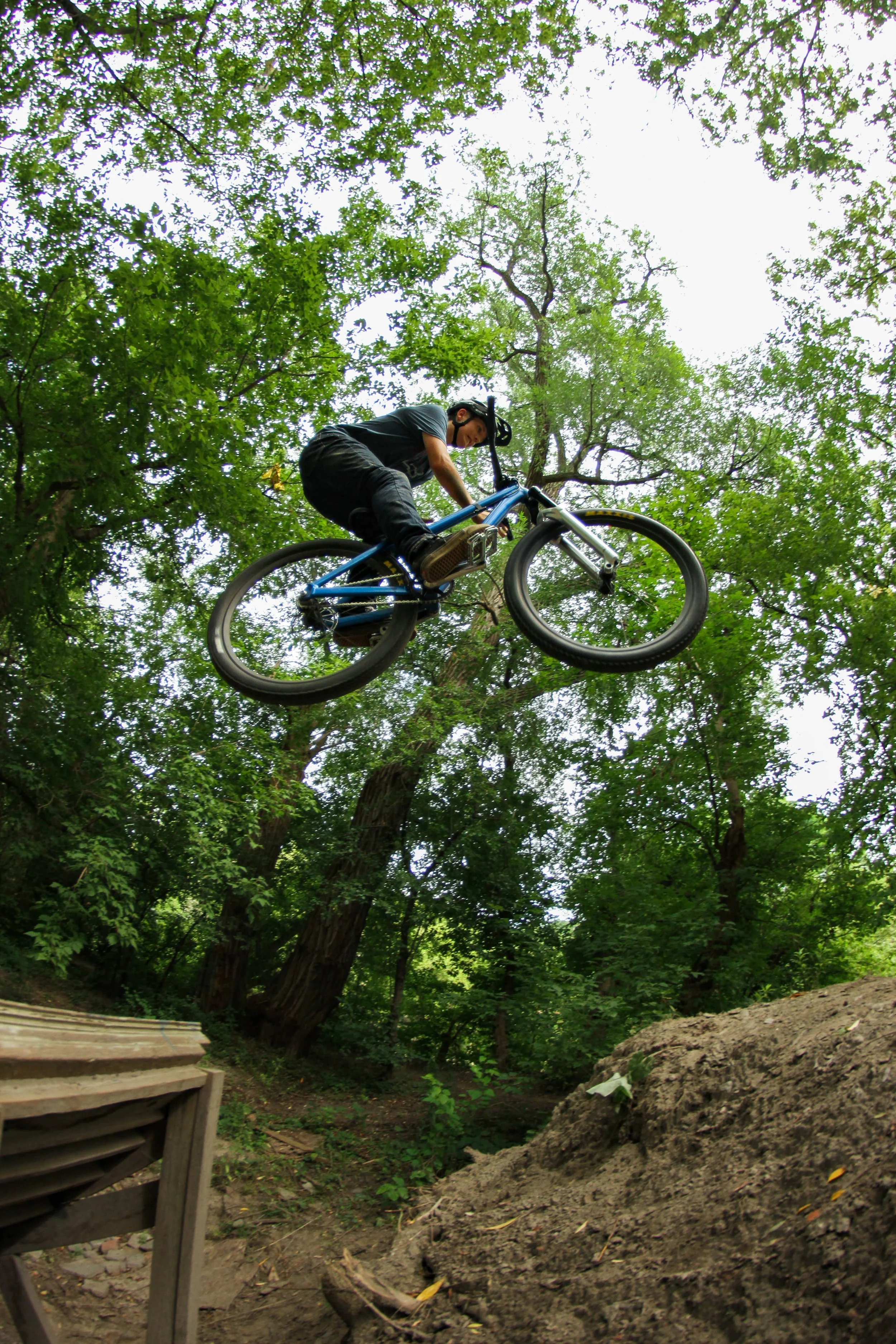 A person riding a mountain bike down a dirt trail in a wooded area with green trees above.