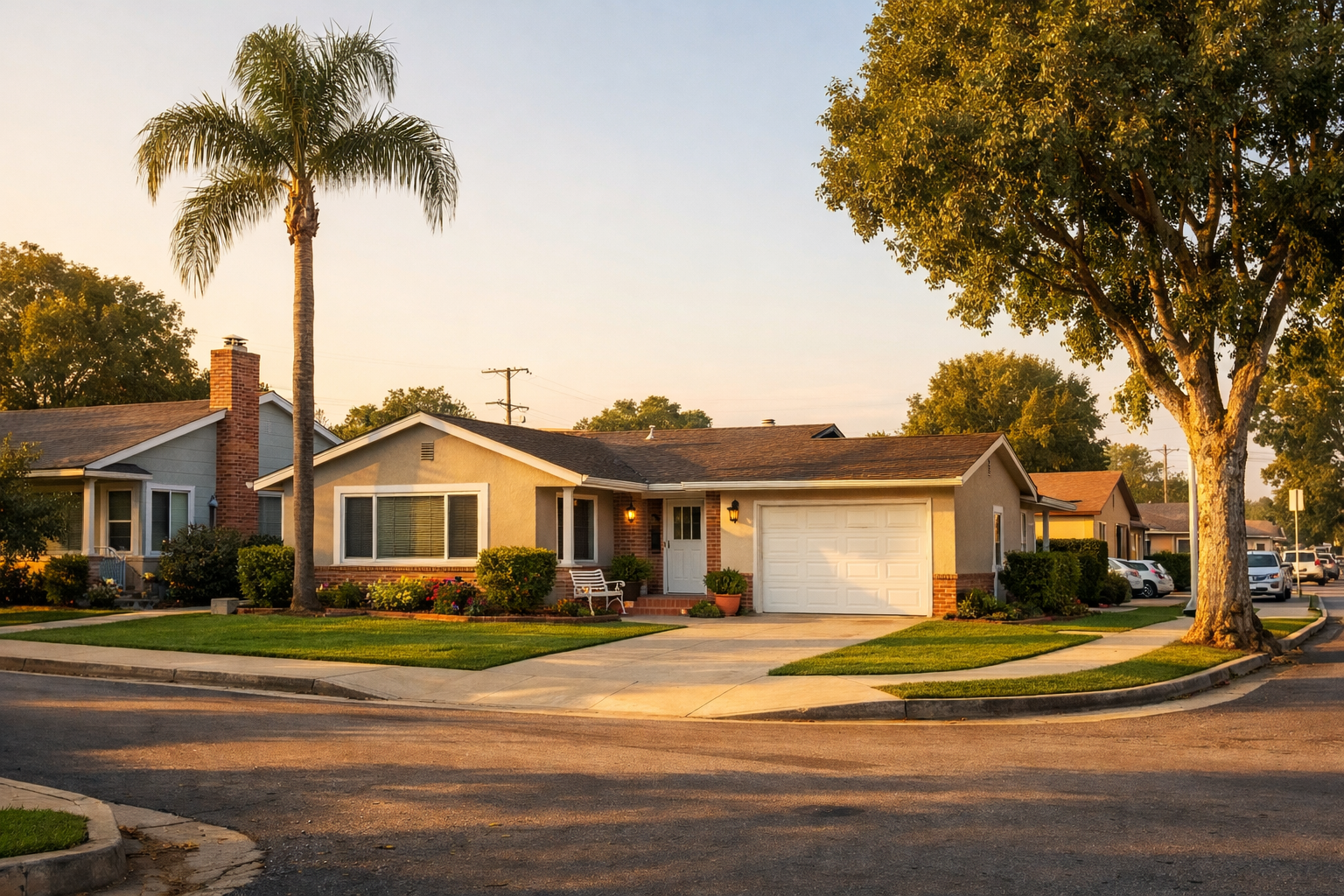 A suburban house with a well-maintained lawn, a white bench, potted plants, and a two-car garage. It has a large tree and a tall palm tree in the yard, with other houses visible in the background during sunset.
