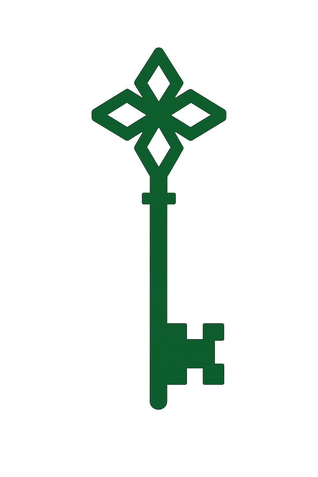 A green, vintage-style skeleton key with a decorative bow at the top, set against a black background.
