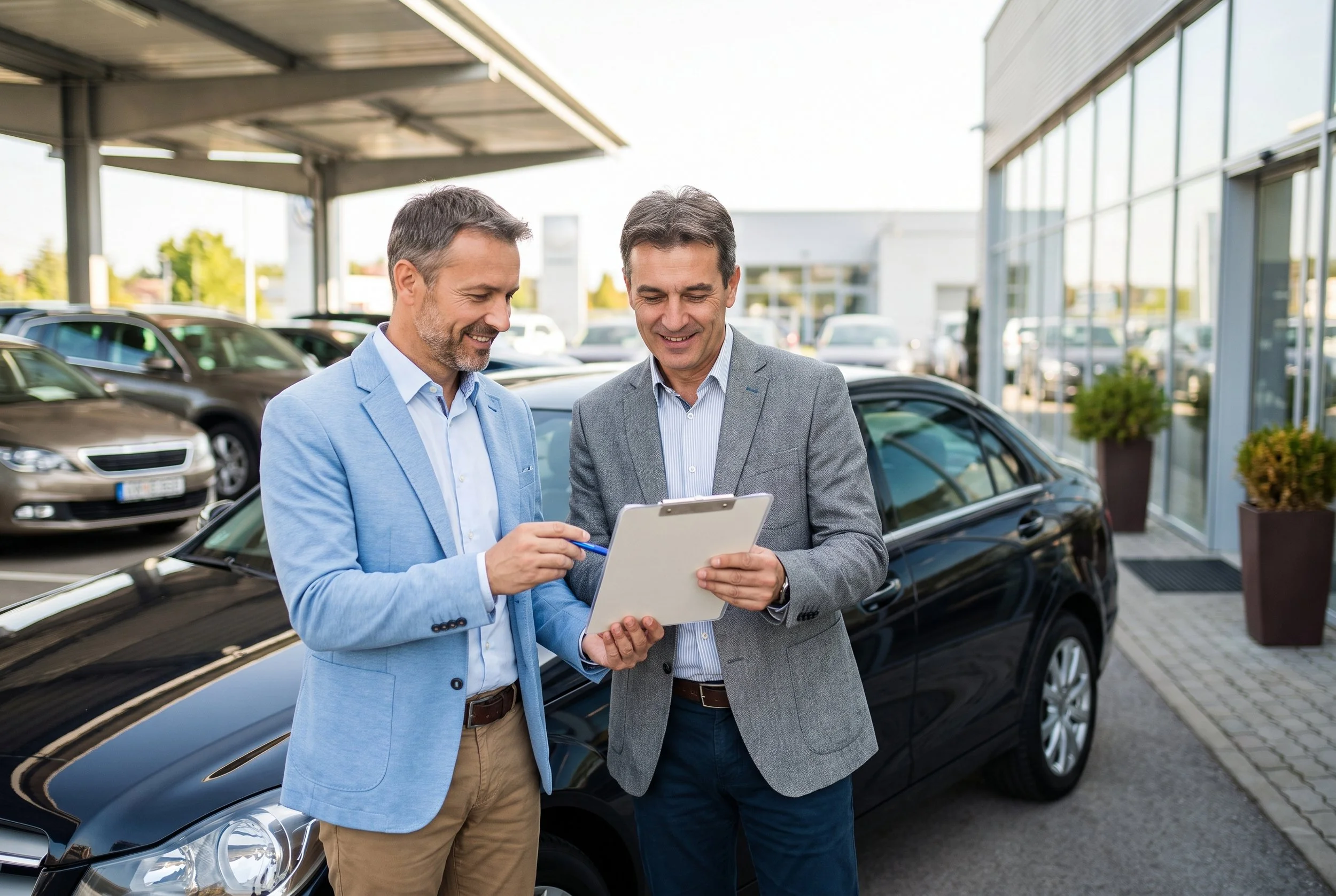 A man in a navy sweater looking at a tablet beside a black car at a car dealership, with a car carrier truck loaded with other vehicles in the background.