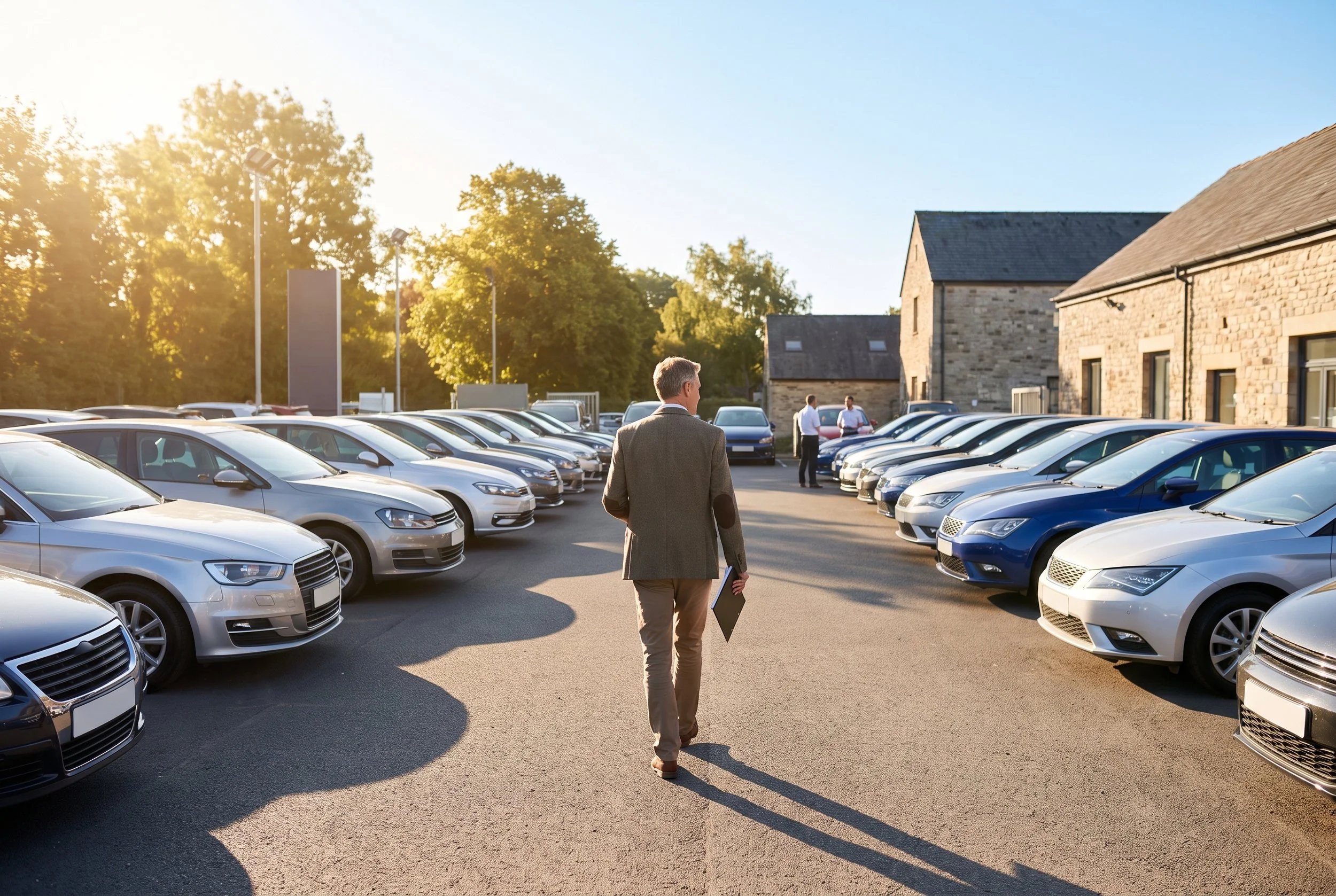 Two men in a car dealership lot examining a car key and notes, surrounded by parked cars and trees in the background.