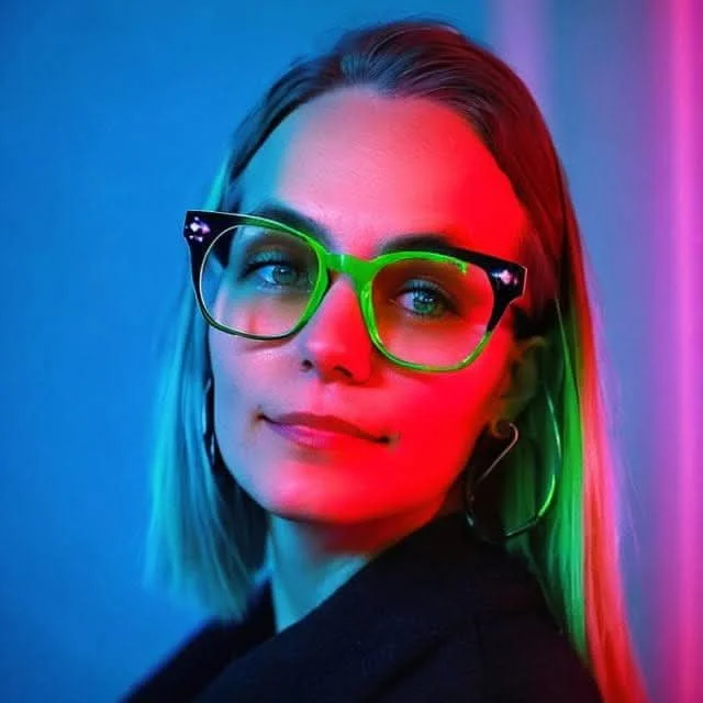 A  woman with shoulder-length brown hair wearing large green-framed glasses, illuminated by colorful neon lighting, looking to the side with a slight smile.