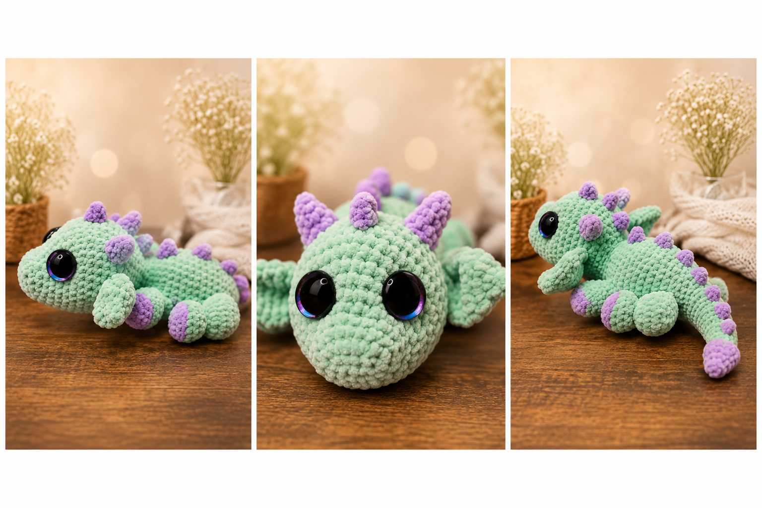 A triptych of a green crocheted stuffed lizard with purple spikes, large black eyes, photographed from different angles on a wooden surface with blurred background of white flowers in a brown pot and a cream-colored cloth.