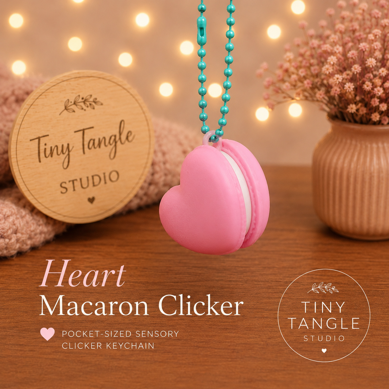 Heart Macaron Clicker Keychain. One click becomes ten. We warned you.