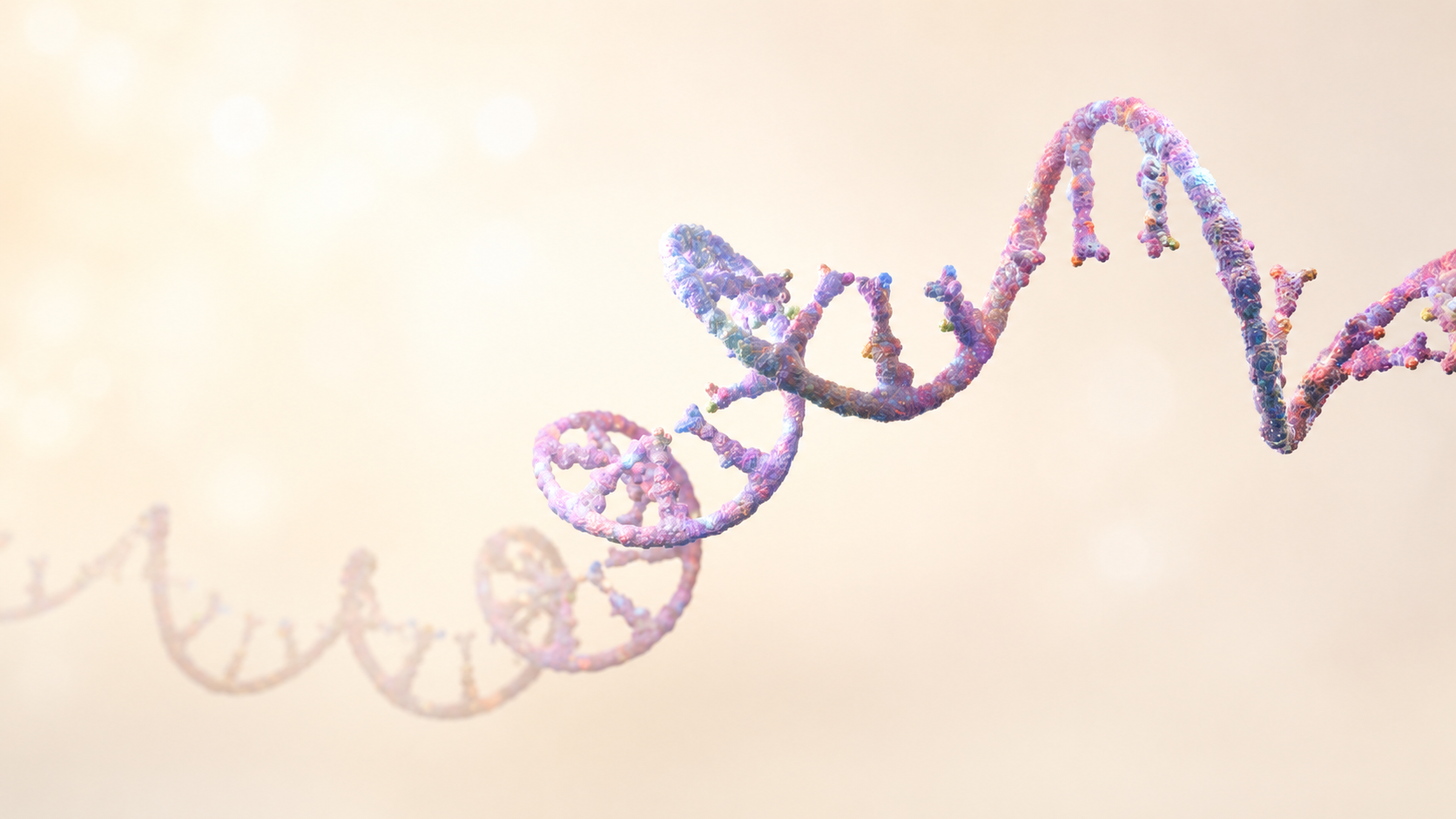 A colorful, computer-generated model of a DNA double helix structure with a pastel background.