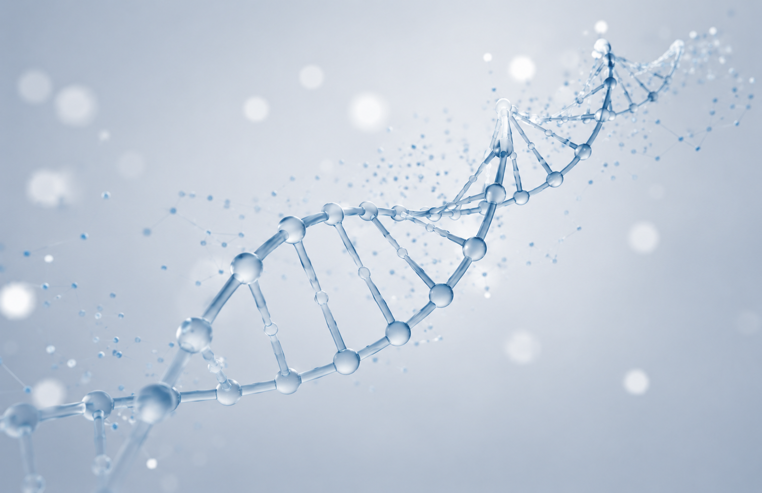 A digital illustration of a DNA double helix strand with a light blue color, floating against a soft gray background with bokeh effects.