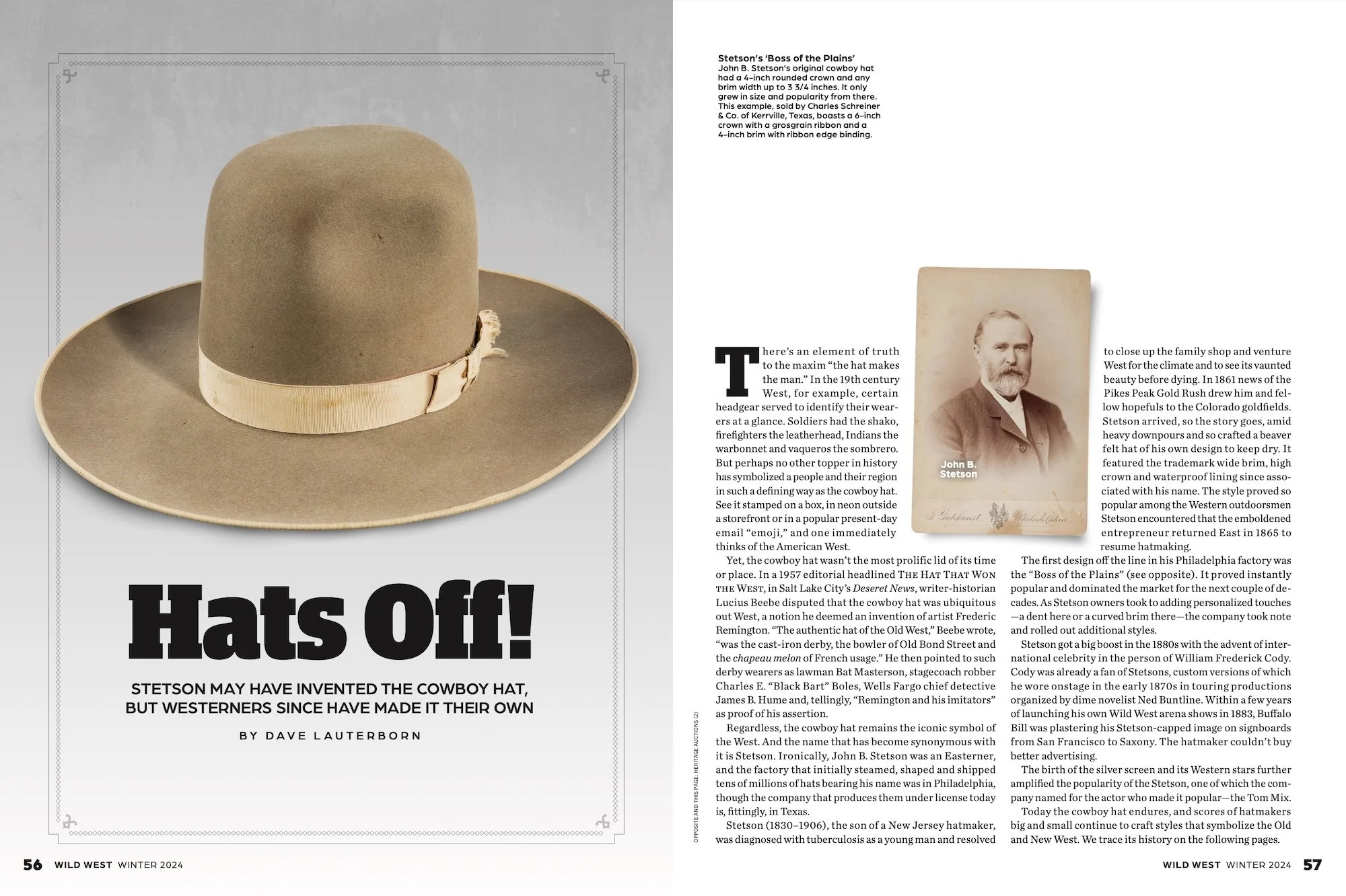 A tan cowboy hat with a broad brim and a beige ribbon band, displayed on a magazine or catalog page about hats.
