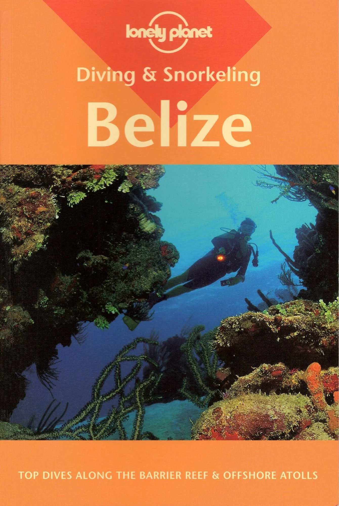 Guidebook cover titled "Belize" by Lonely Planet, featuring an underwater scene with a scuba diver exploring a coral reef and marine life around rocks and seaweed.