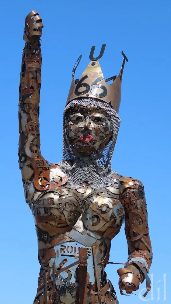 Rising above the vintage cars at Antares is the welded Guardian of Route 66. Resident artist Gregg Arnold is always adding new objects to the Americana cache.