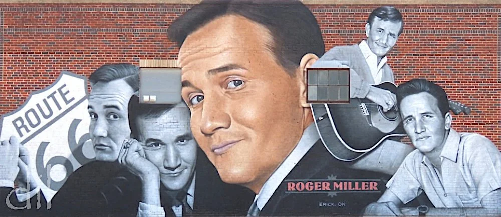 Singer-songwriter Roger "King of the Road" Miller (1936–92) grew up in Erick, Okla., which honors its native son with this kingly mural on the Mother Road. His 1965 hit single is tailor-made for Route 66, describing a hobo ("a man of means by no mean