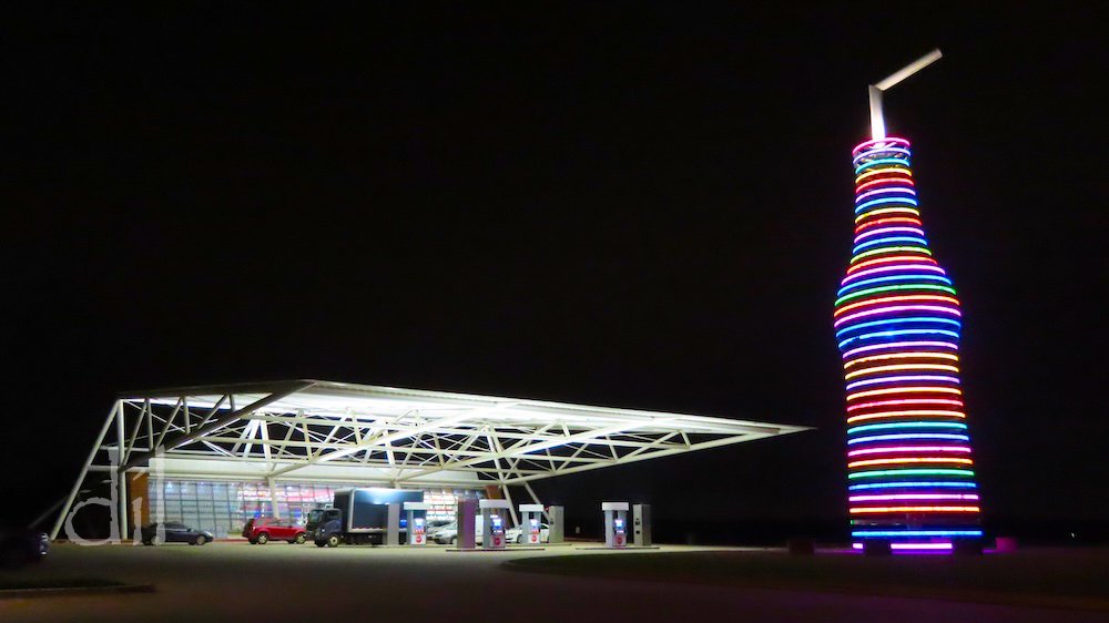 A 66-foot-tall soda bottle ringed with LED lights that continually change color makes Pops 66 in Arcadia, Okla., a must-see nighttime destination. If you can break the spell, step inside for a bottled pop of almost any conceivable flavor.
