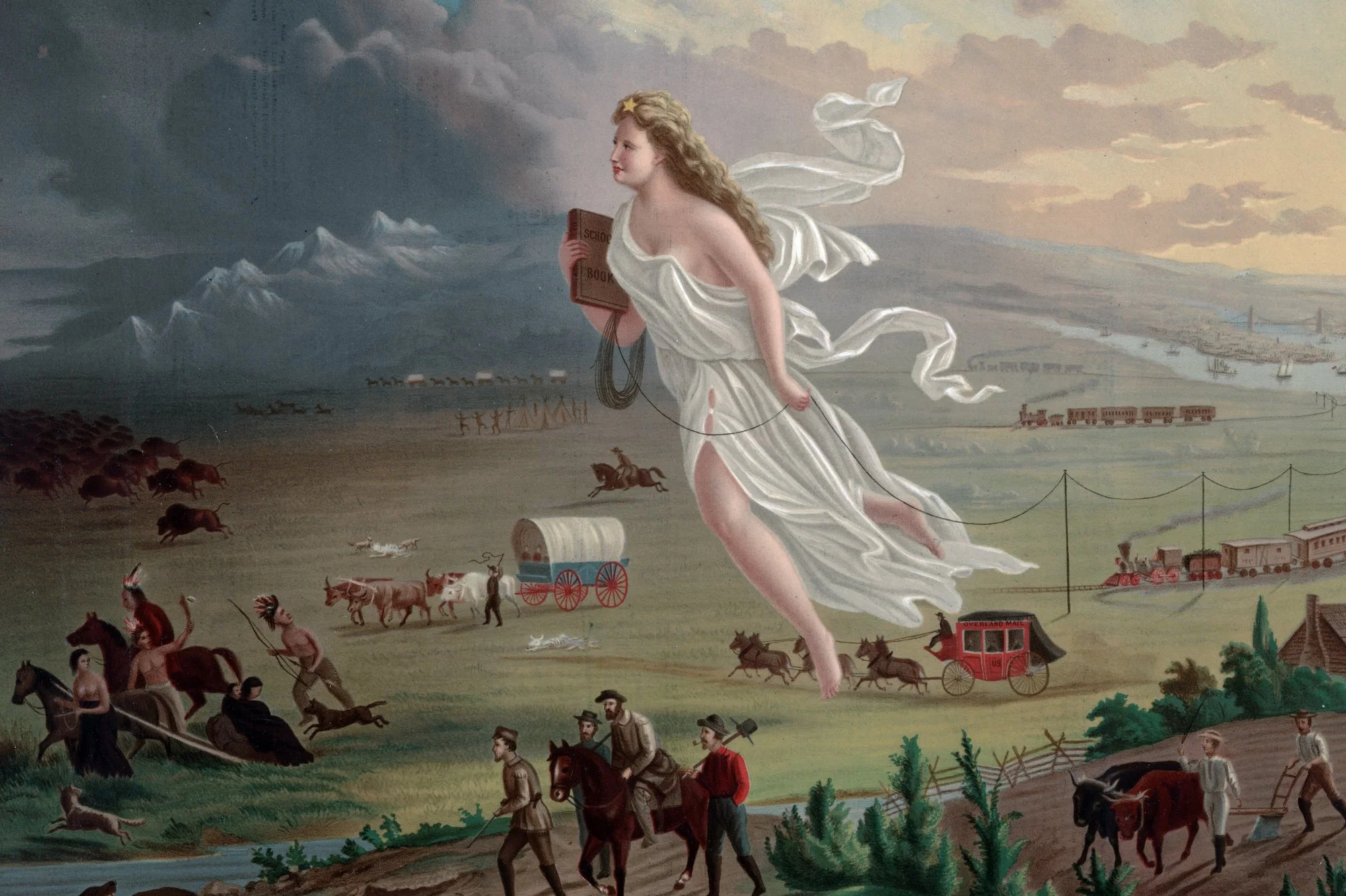 A mural depicting a mythical scene with a woman dressed as a goddess or angel holding a book, flying over a landscape with animals, people, and a train, with mountains and skies in the background.