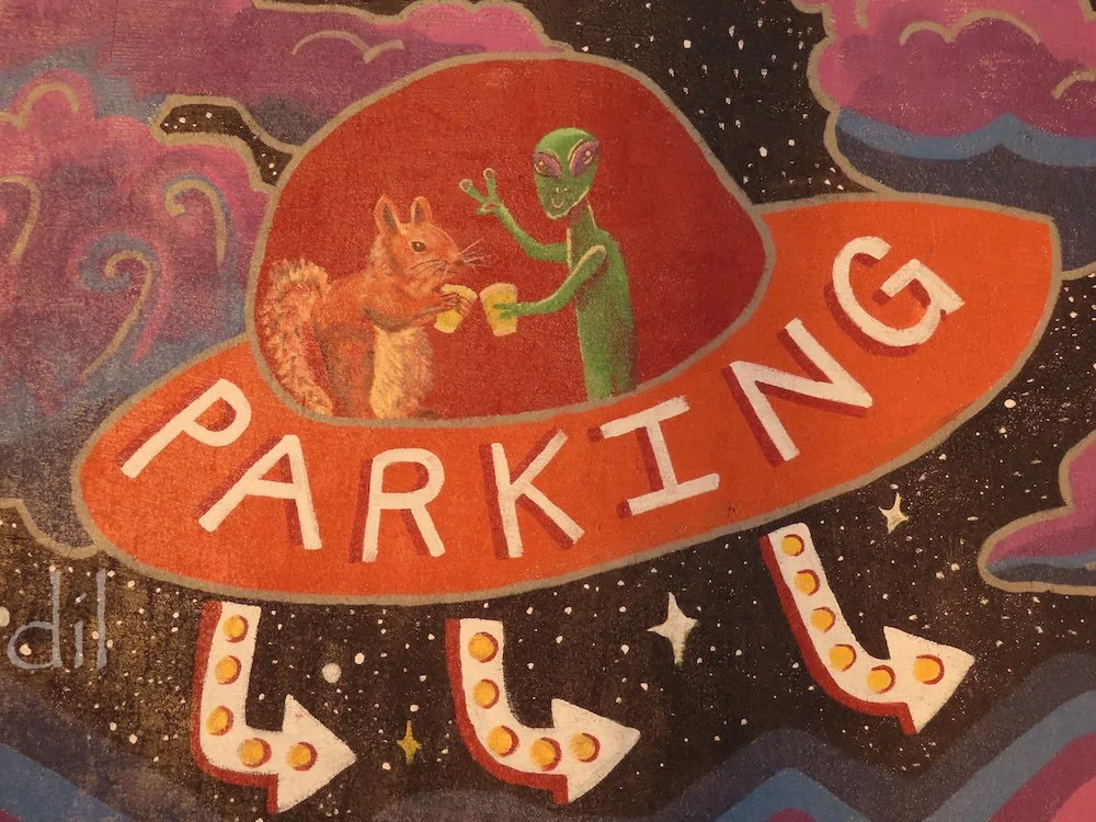 Only in UFO country would a wall mural center on a ground squirrel toasting an alien. The bushy-tailed one is the mascot of Grnd Sqrl, a gastropub/taphouse in Twentynine Palms that is well worth an intergalactic visit. Cheers!