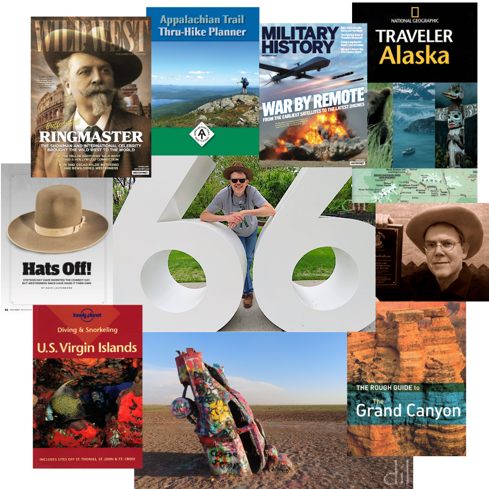 A collage of publishing works by David Lauterborn, including travel books and history magazines related to Alaska, the Wild West, military history, the U.S. Virgin Islands, and the Grand Canyon.