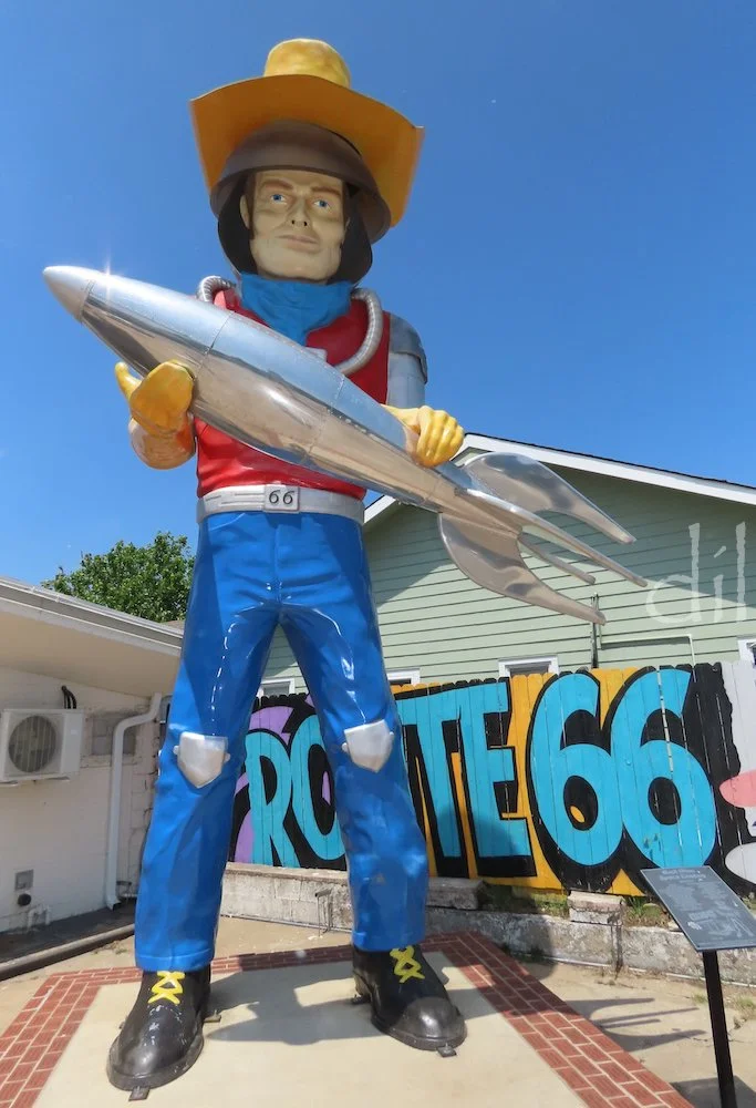 Operating out of a former gas station, Buck Atom's Cosmic Curios is one of the best souvenir shops on Route 66. Buck himself, a 21-foot-tall newly commissioned giant of a classic mold, holds a rocket ship and wears a cowboy hat perched atop a space h