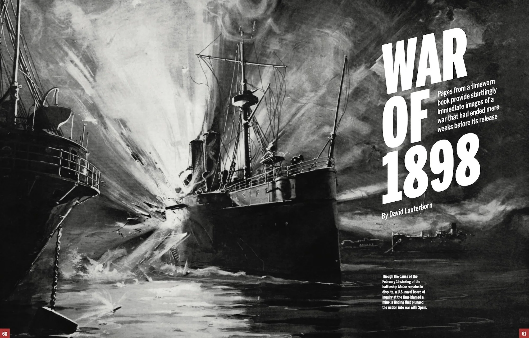 Black and white painting of a warship at sea, with explosions and smoke. Large text on the right side reads 'War of 1898' by David Lauterborn, with additional descriptive text about the sinking of the battleship Maine.
