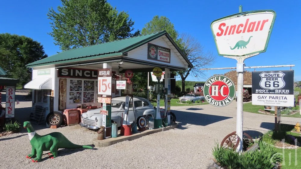 Gary's Gay Parita, in Paris Springs, Mo., is a perfect time capsule of a Sinclair gas station. The company's brontosaurus mascot is present on the vintage sign and in a promotional fiberglass figure by the pumps.
