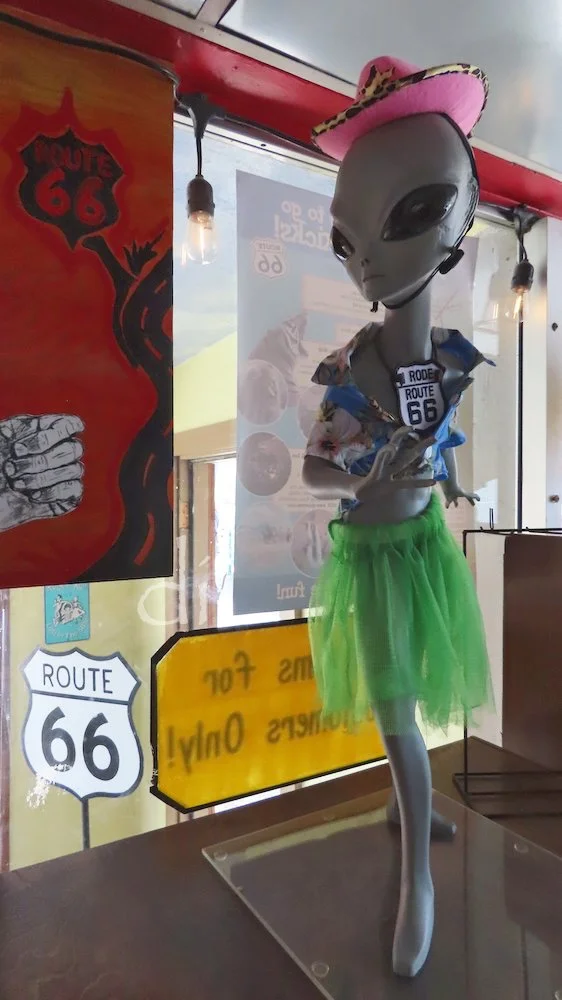 A few blocks west is the Copper Cart, another trove of vintage cars and eclectic Route 66 souvenirs. In the desert Southwest a nod to UFO culture is inevitable.