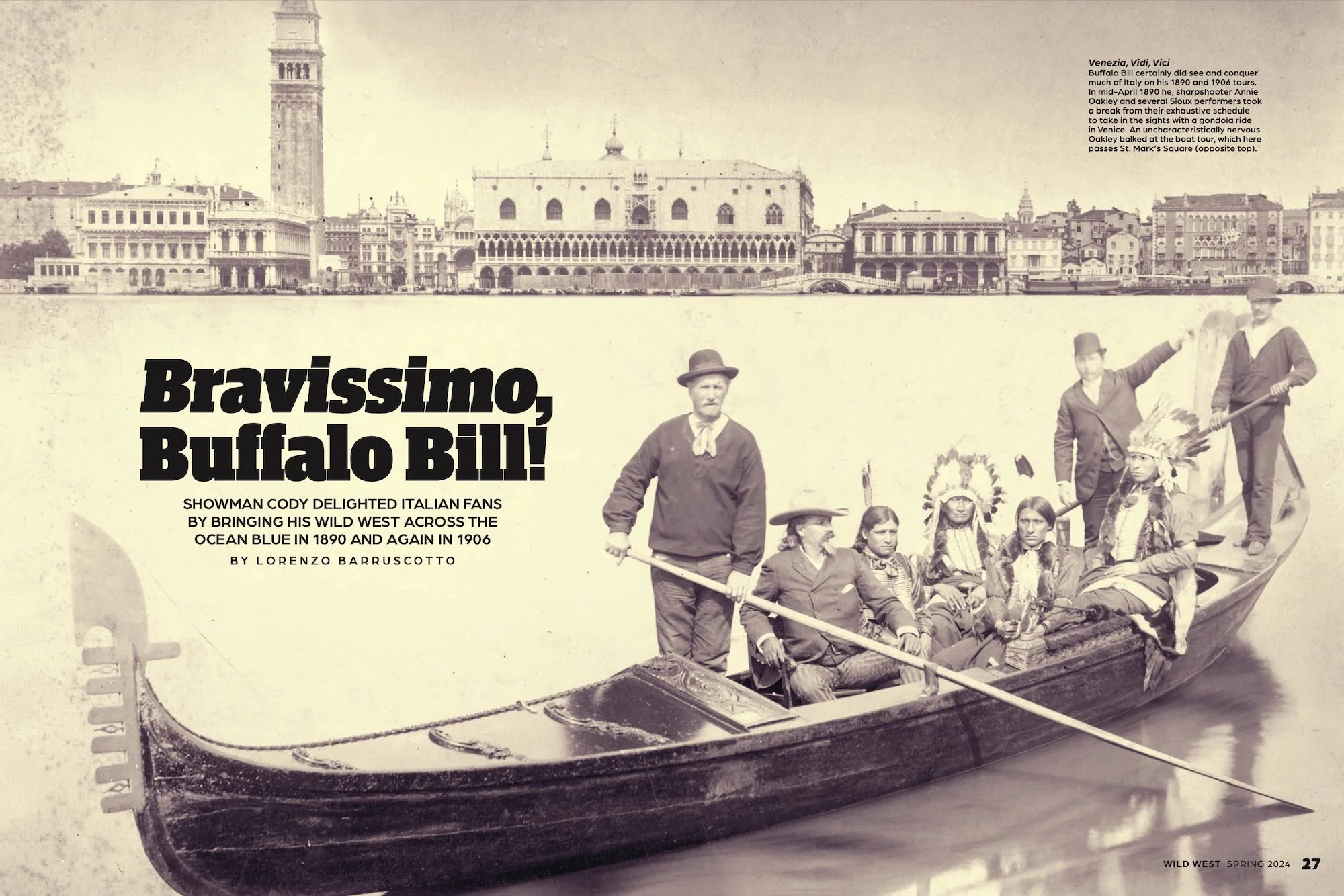 A black and white historical photograph of a wooden boat on a body of water, with a group of people dressed in period clothing. Some are sitting in the boat, and others are standing or leaning, wearing hats and Native American headdresses. In the background, there is a cityscape with historic buildings, including a clock tower and a large building with arches.